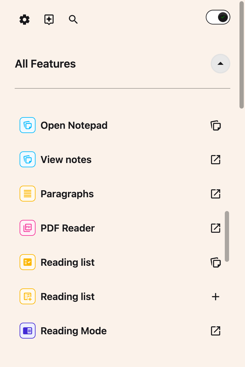 The All Features list scrolled to show the PDF Reader row and its Open PDF Reader button