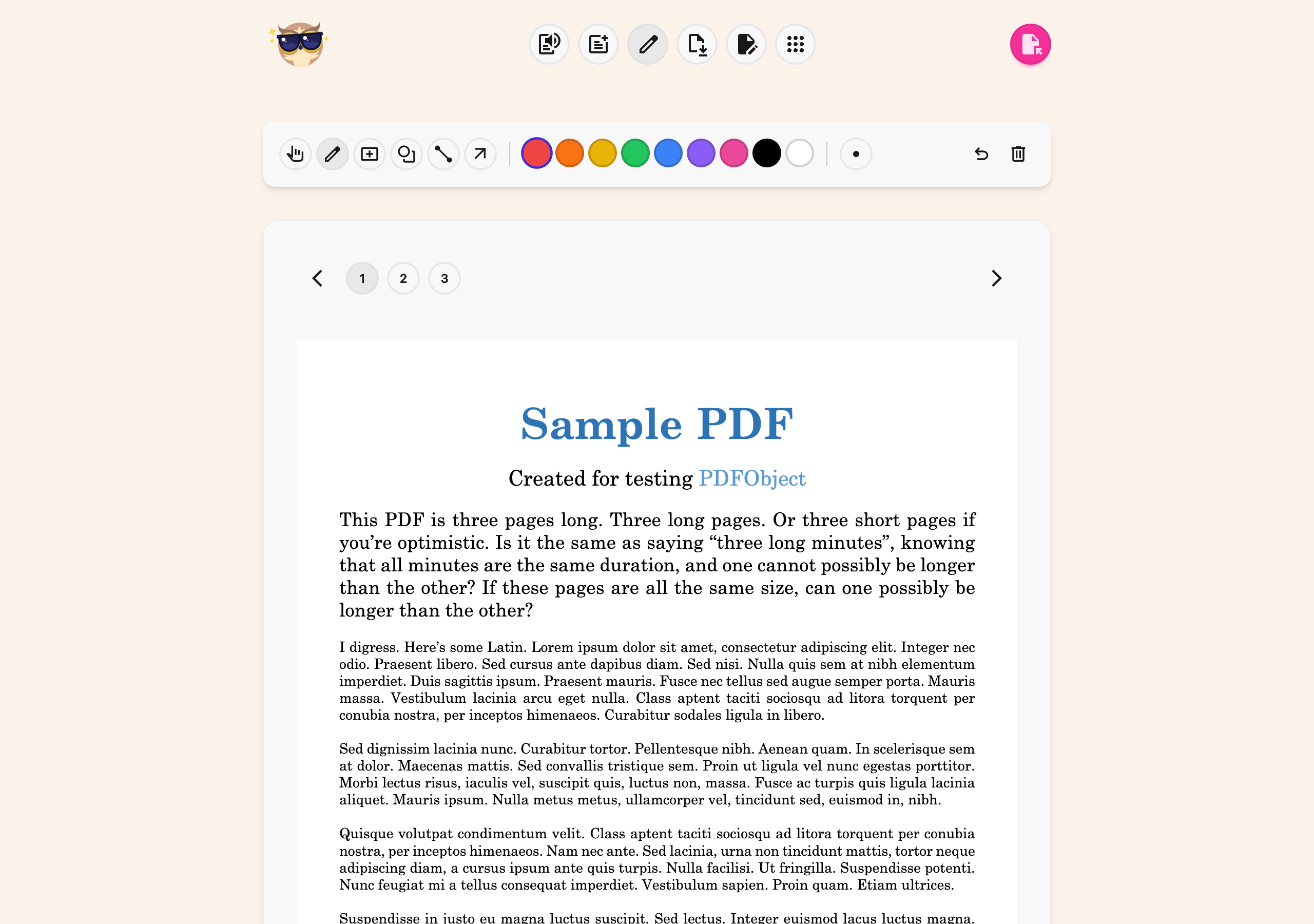 The Helperbird PDF Tool with the drawing toolbar open, showing the shape tools, colours and stroke width