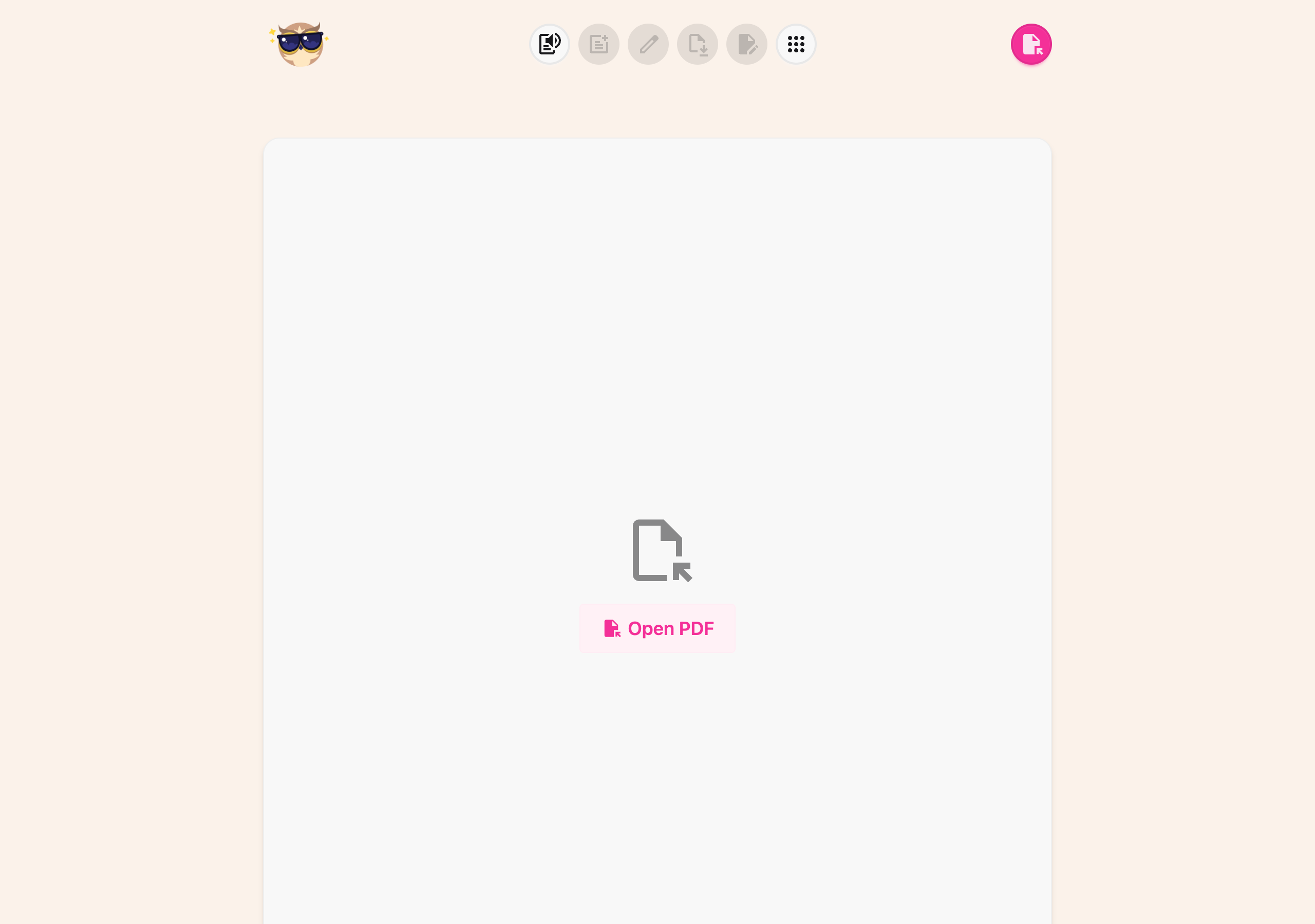 The Helperbird PDF Tool before a file is loaded, showing the Open PDF button