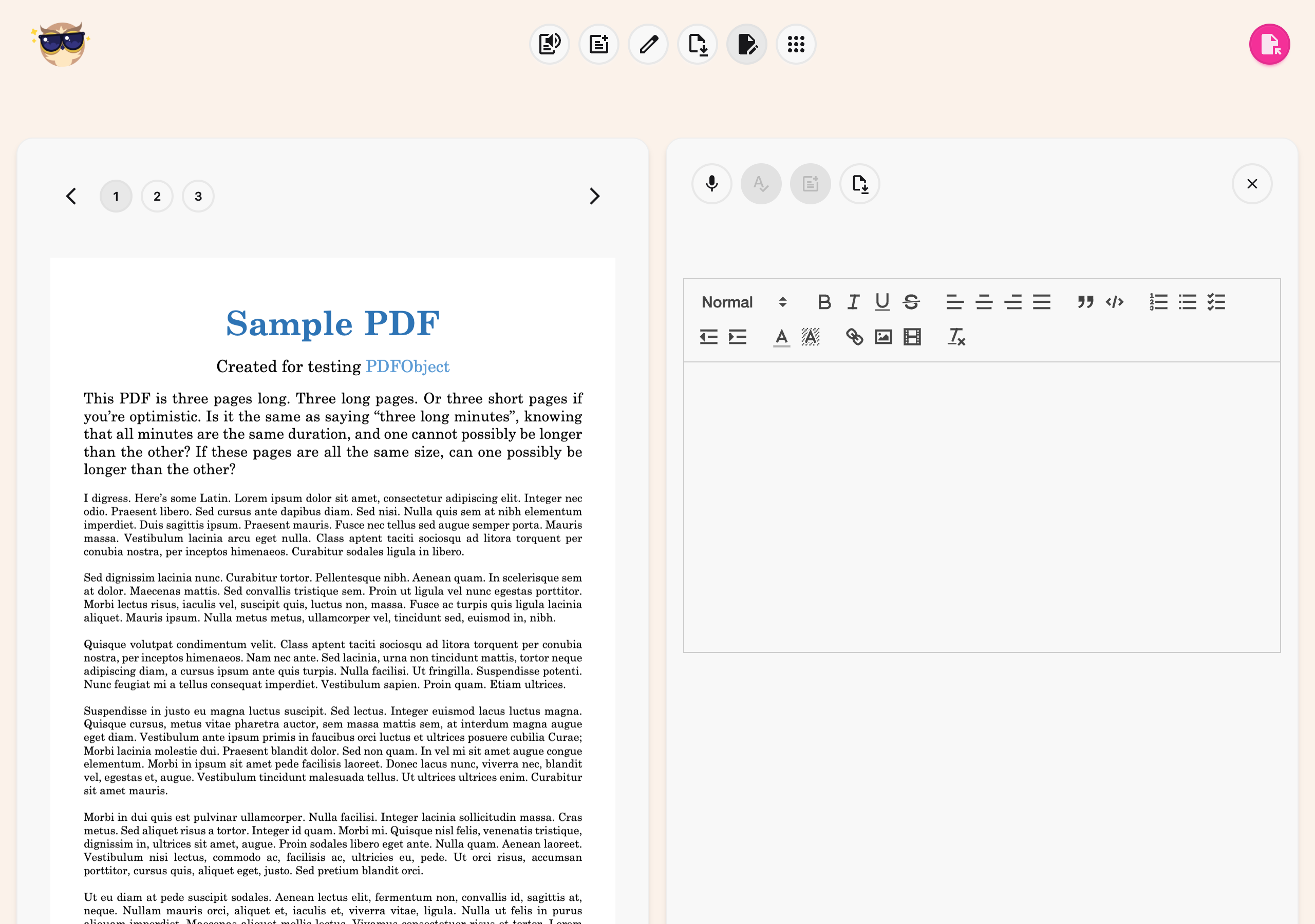 The Helperbird PDF Tool with the notepad open beside the PDF