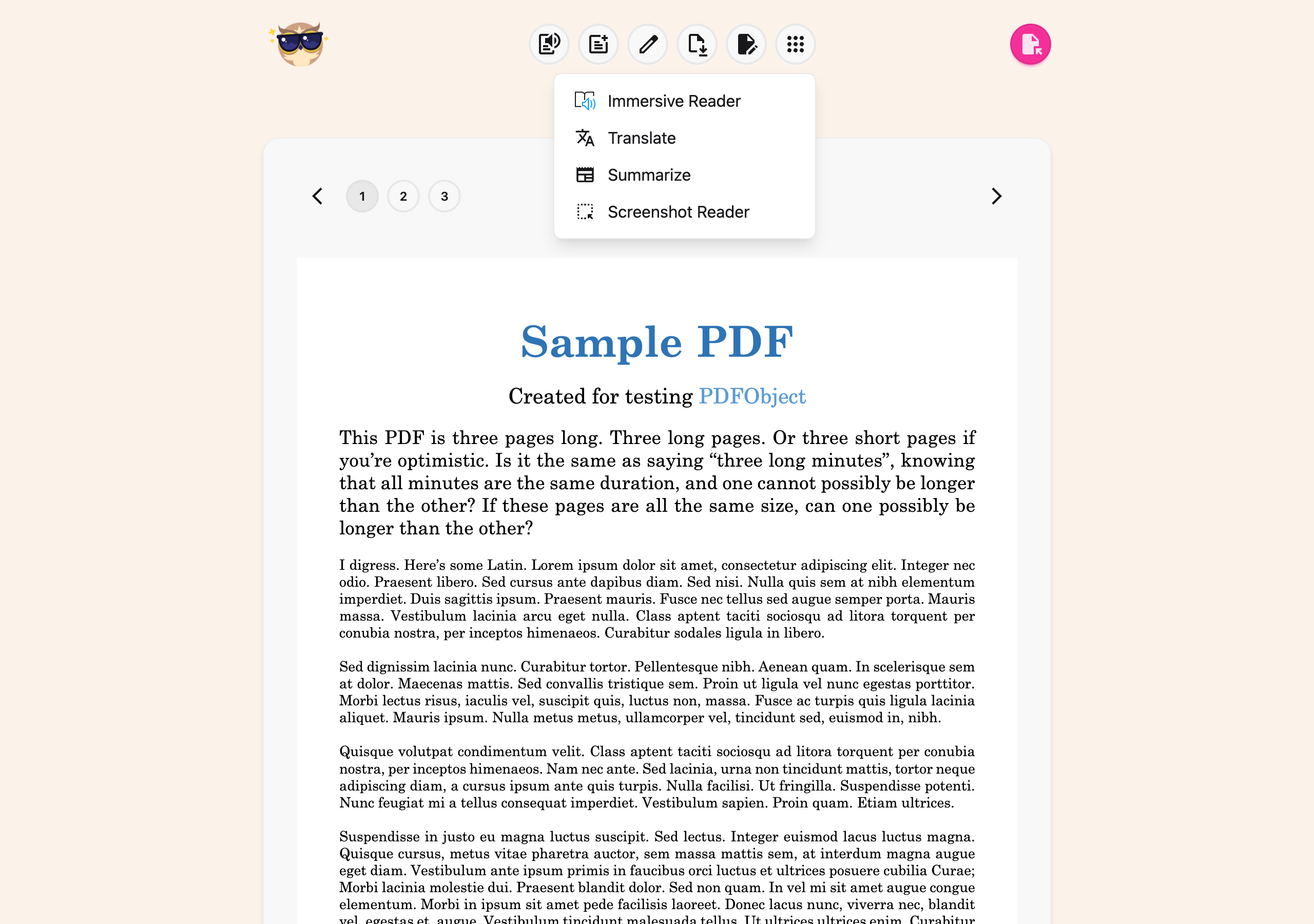 The quick tools menu open in the Helperbird PDF Tool, listing Immersive Reader, Translate, Summarize and Screenshot Reader