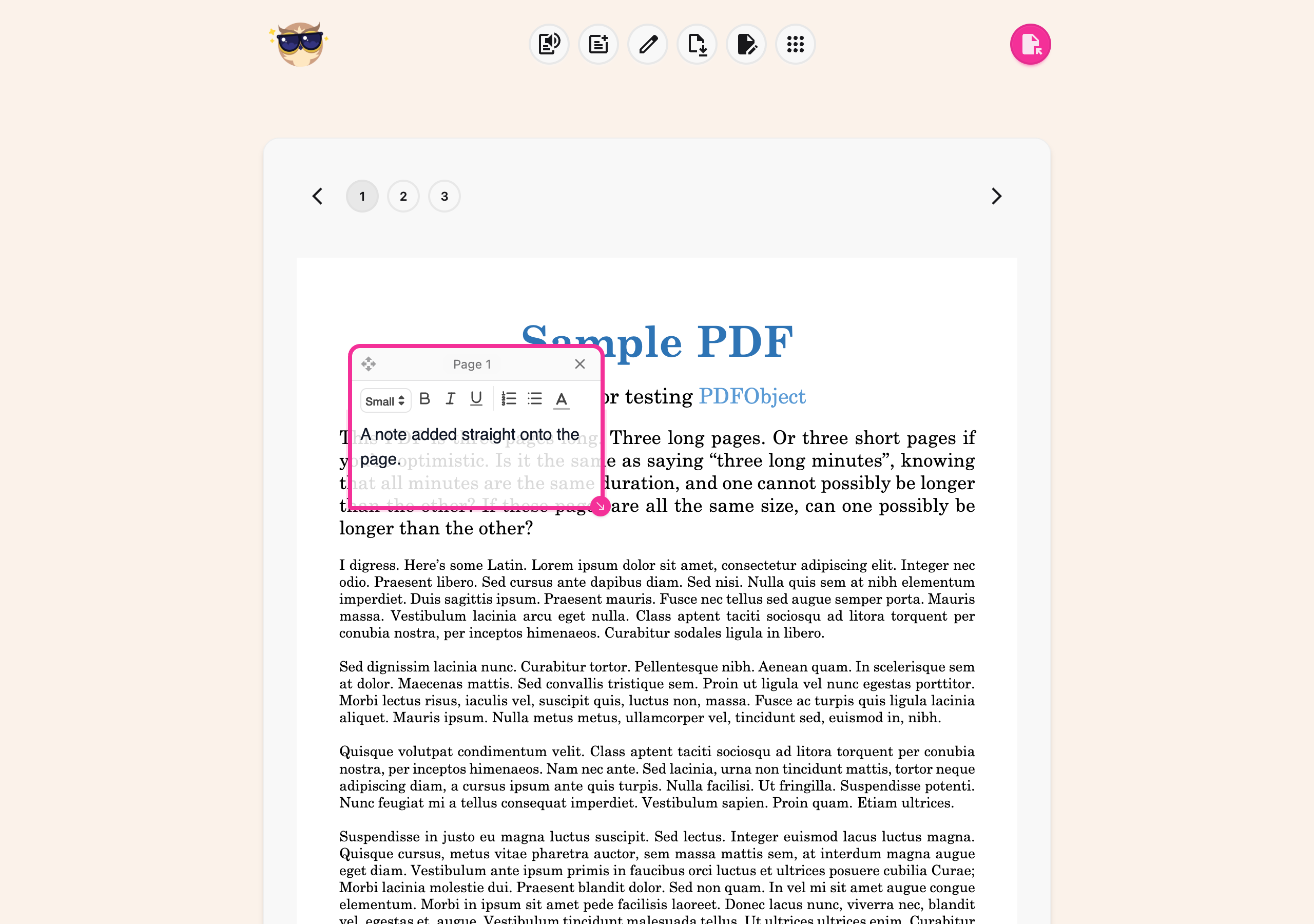 A text box placed on the PDF page with its formatting toolbar