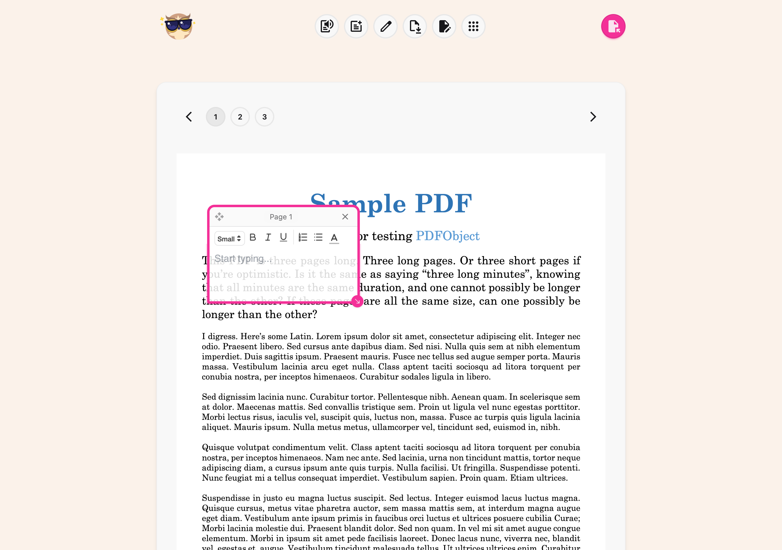 A text box placed on a PDF page, showing the drag handle at the bottom-right corner