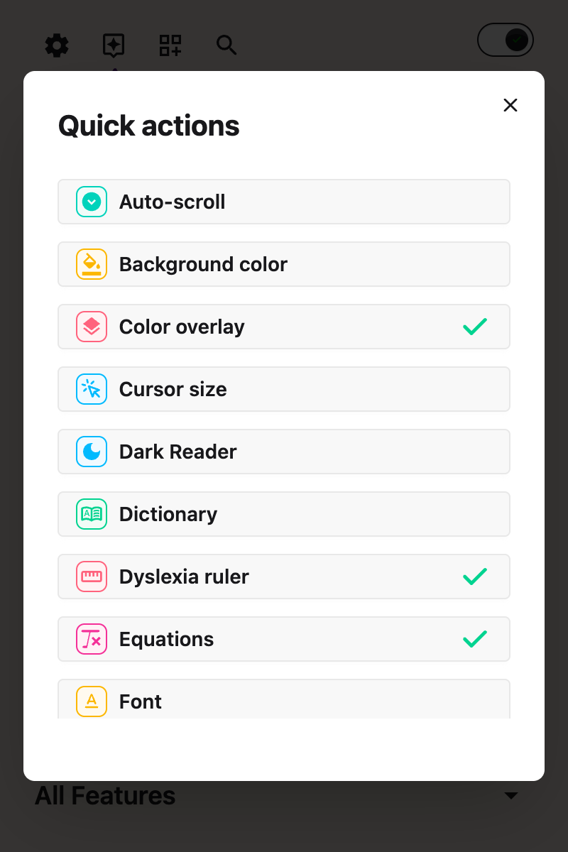 The Quick actions view in the Helperbird popup, showing the feature shortcut grid