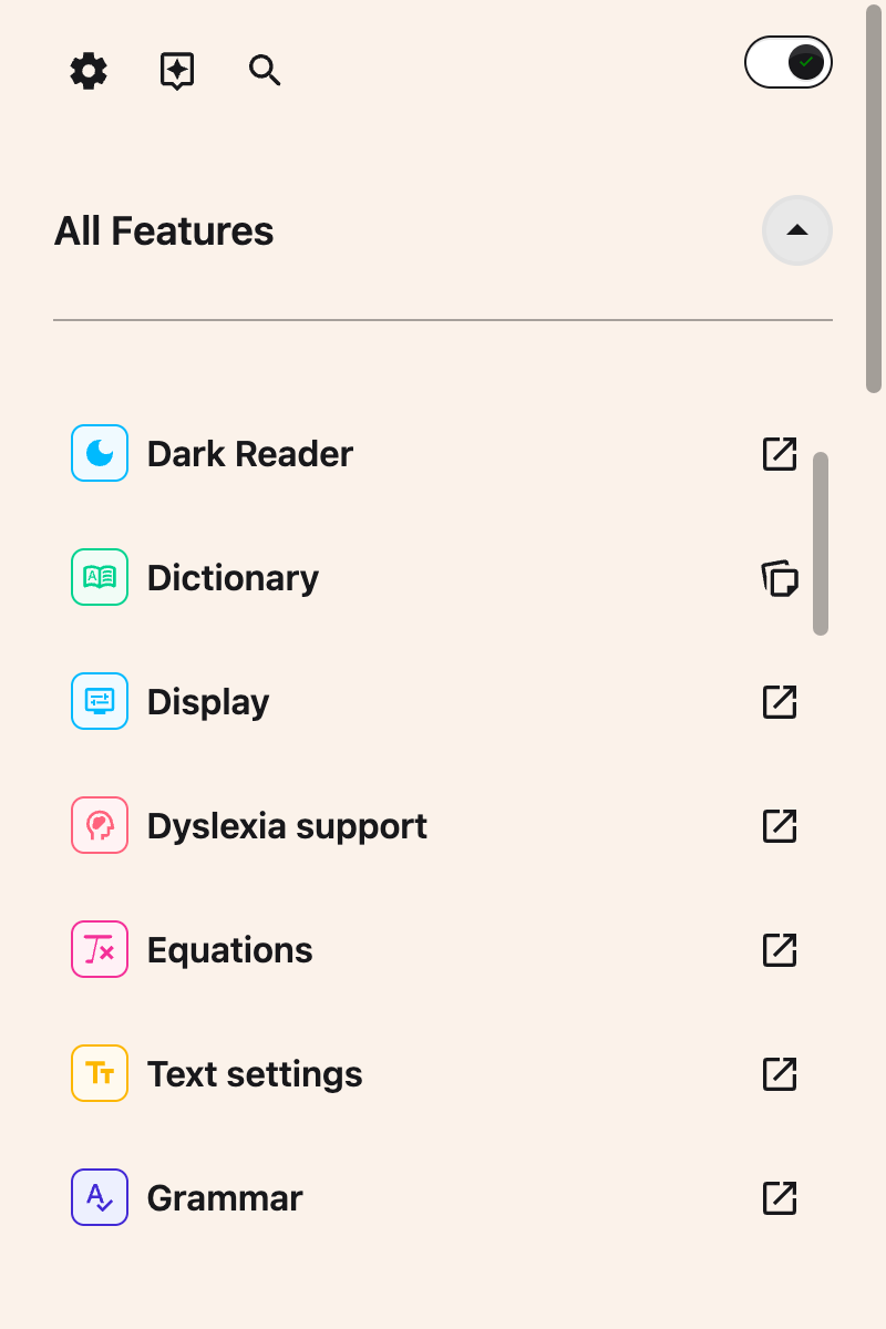 The All Features list scrolled to show the Dyslexia support row and its Open button