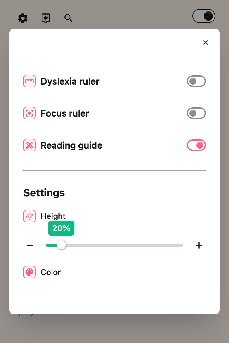 The Reading guide options shown after the toggle is switched on