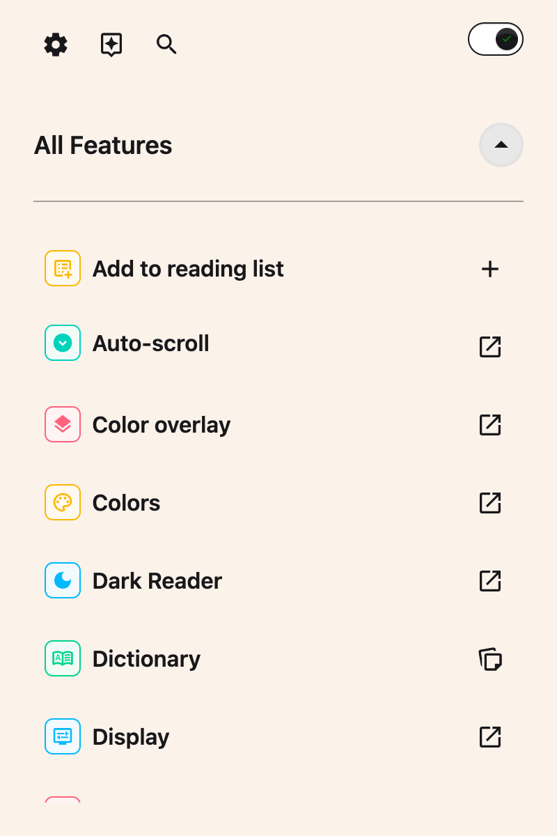 The All Features list showing the Add to reading list row, which saves the page you are currently on