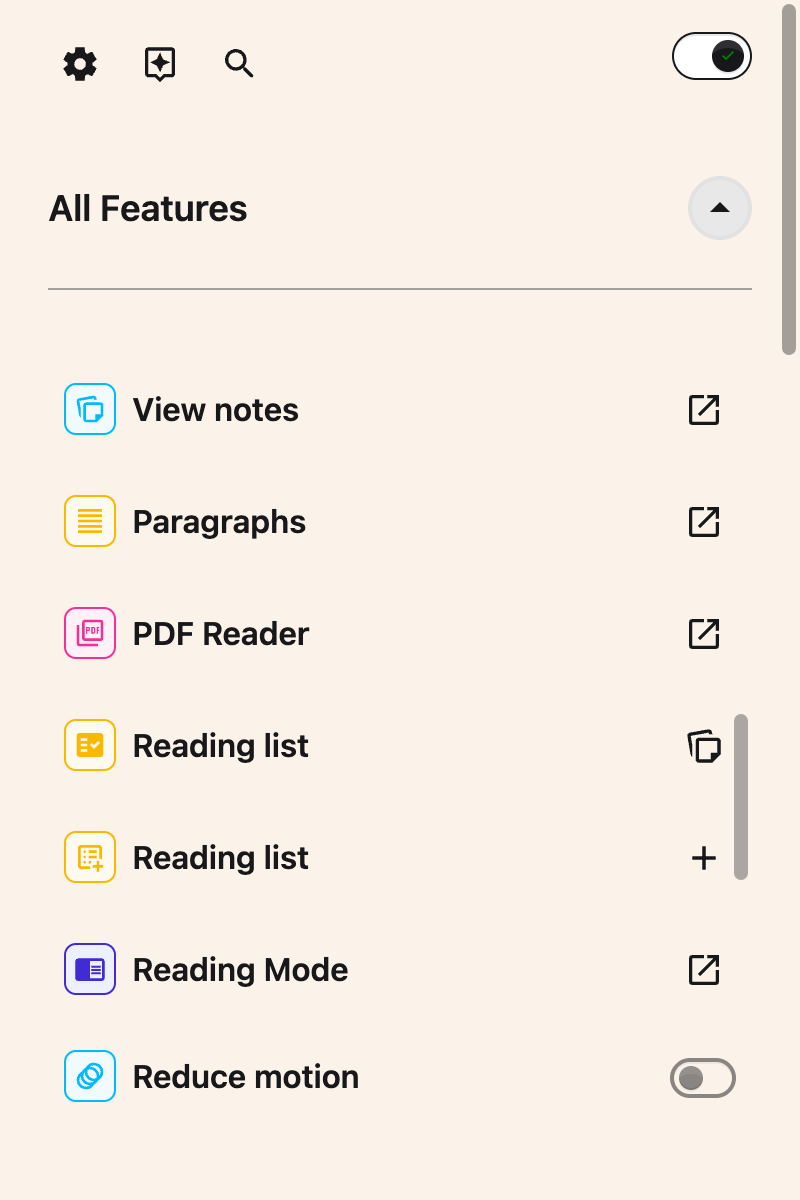 The All Features list showing the two Reading list rows, one for adding the page you are on and one for opening your saved list