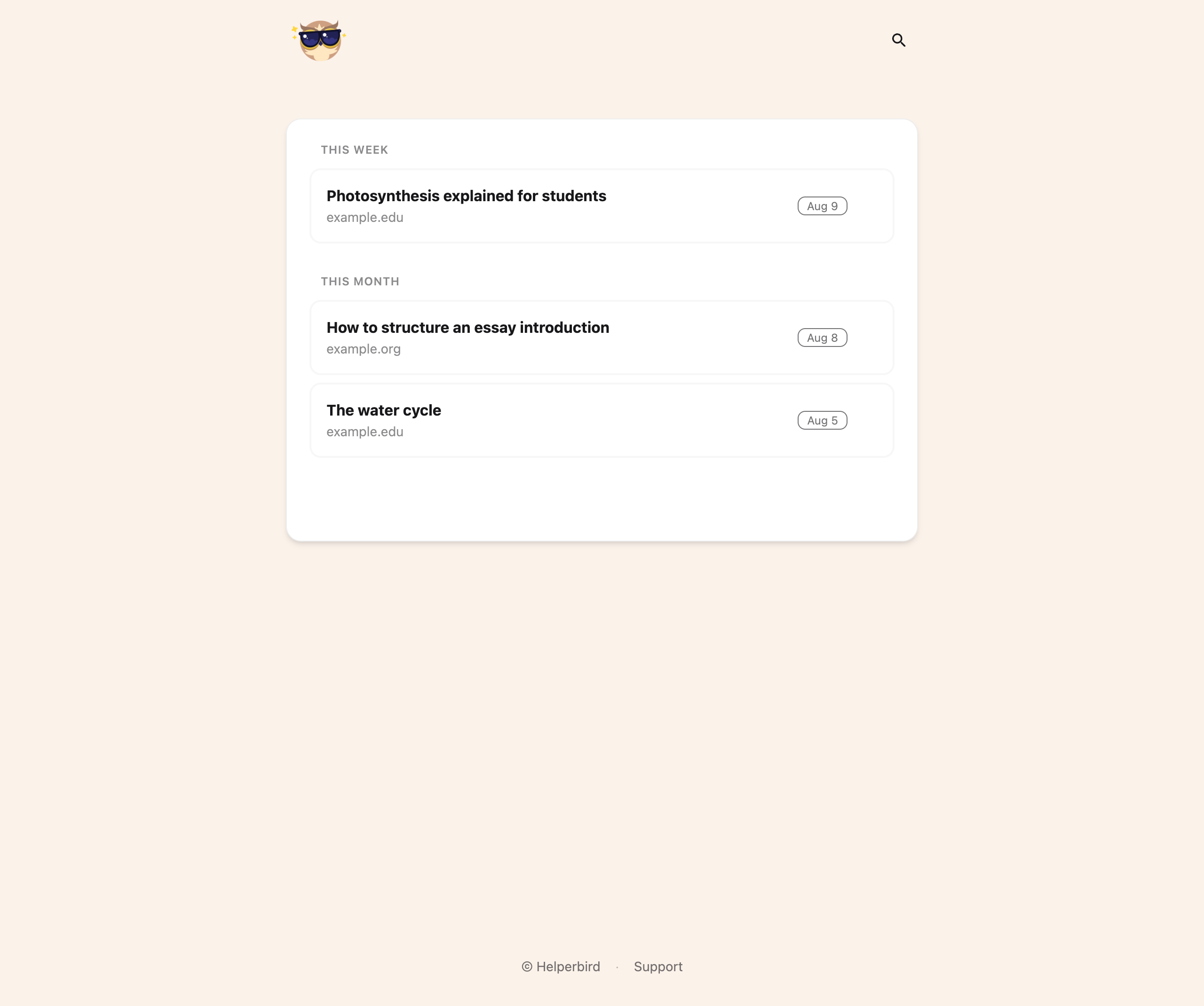 The Helperbird Reading list showing saved pages, each with its title, address and the date it was saved