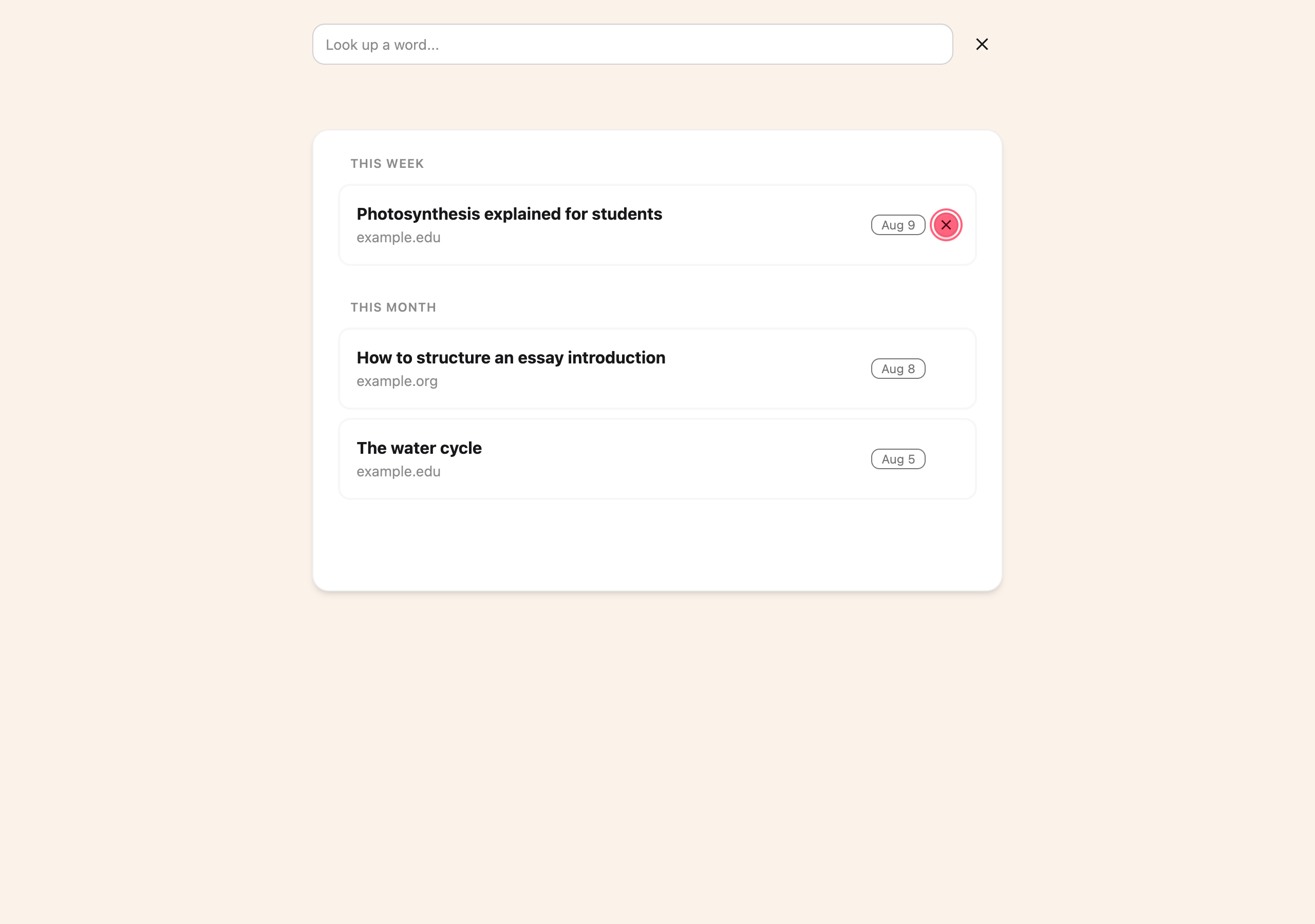 The Remove button on a saved page in the Helperbird Reading list, which appears when you hover over the row or move to it with the keyboard