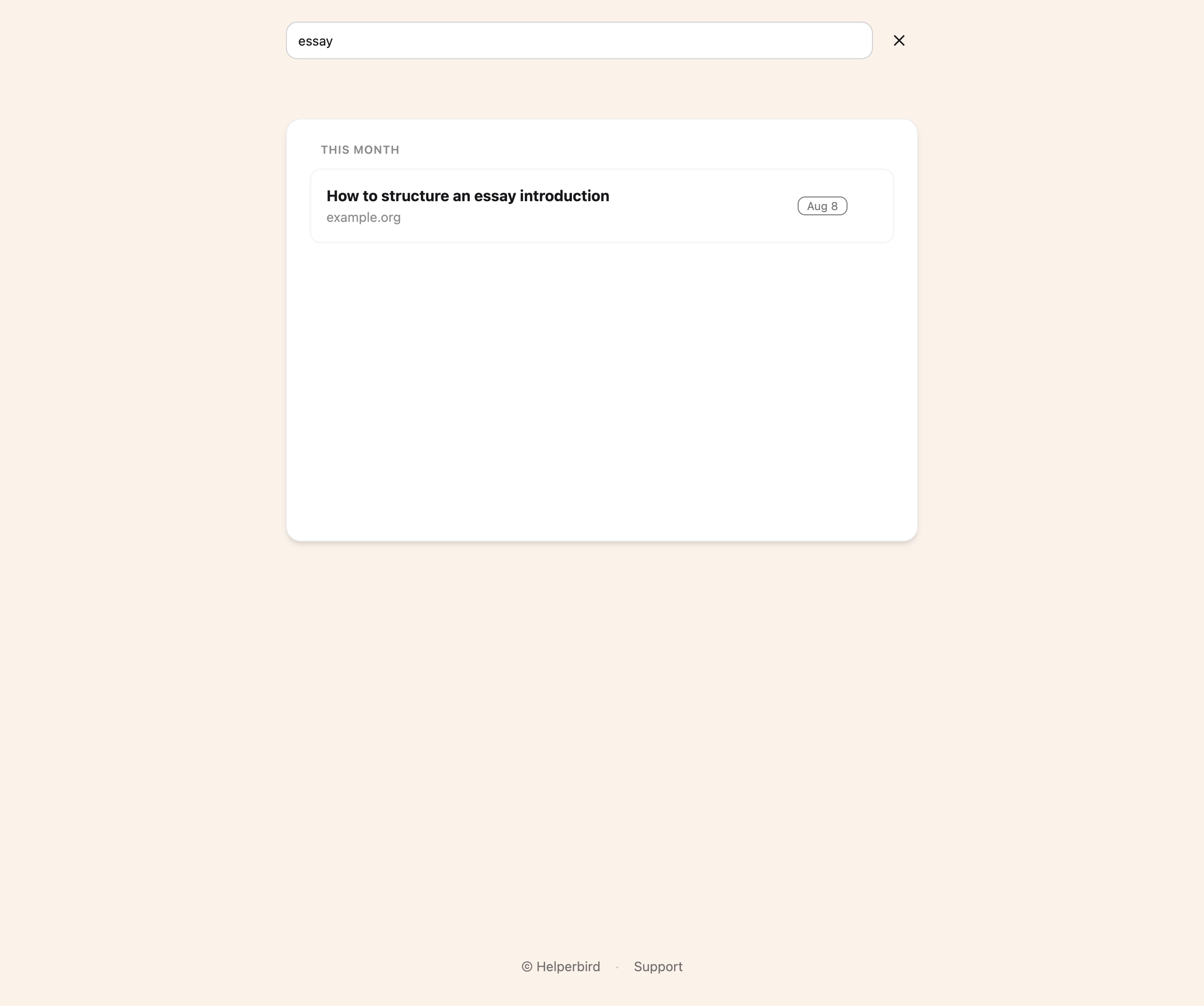 Searching the Helperbird Reading list, with only the pages matching the word shown
