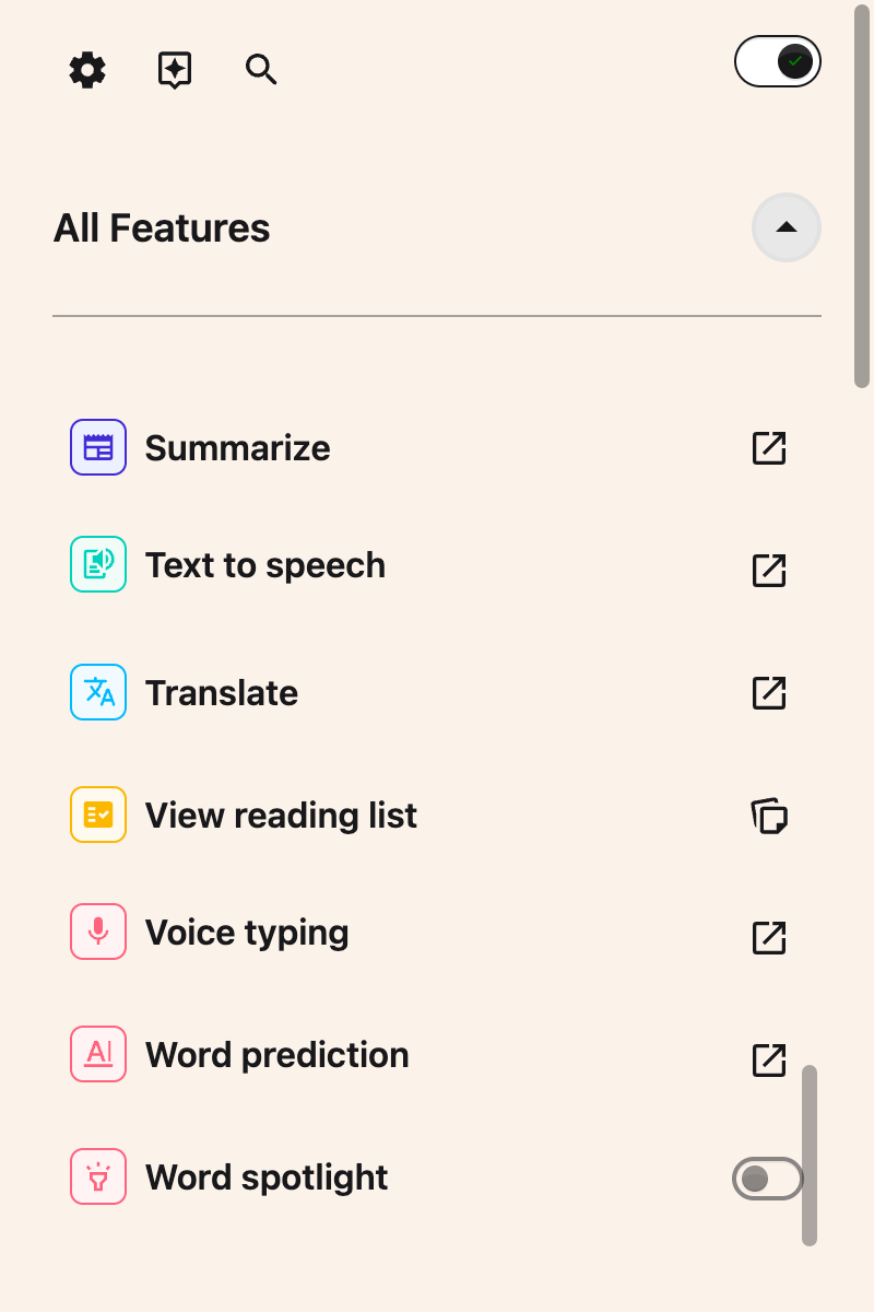 The All Features list showing the View reading list row, which opens your saved pages