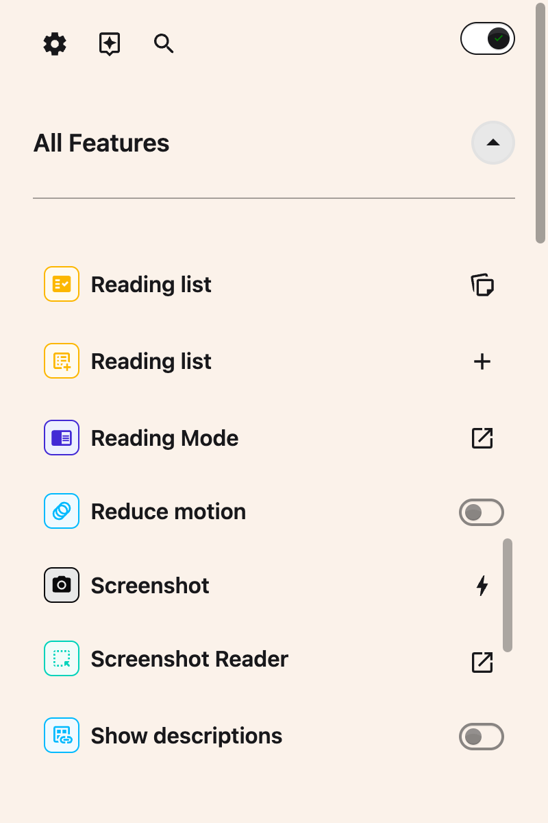 The All Features list scrolled to show the Reduce motion row and its toggle
