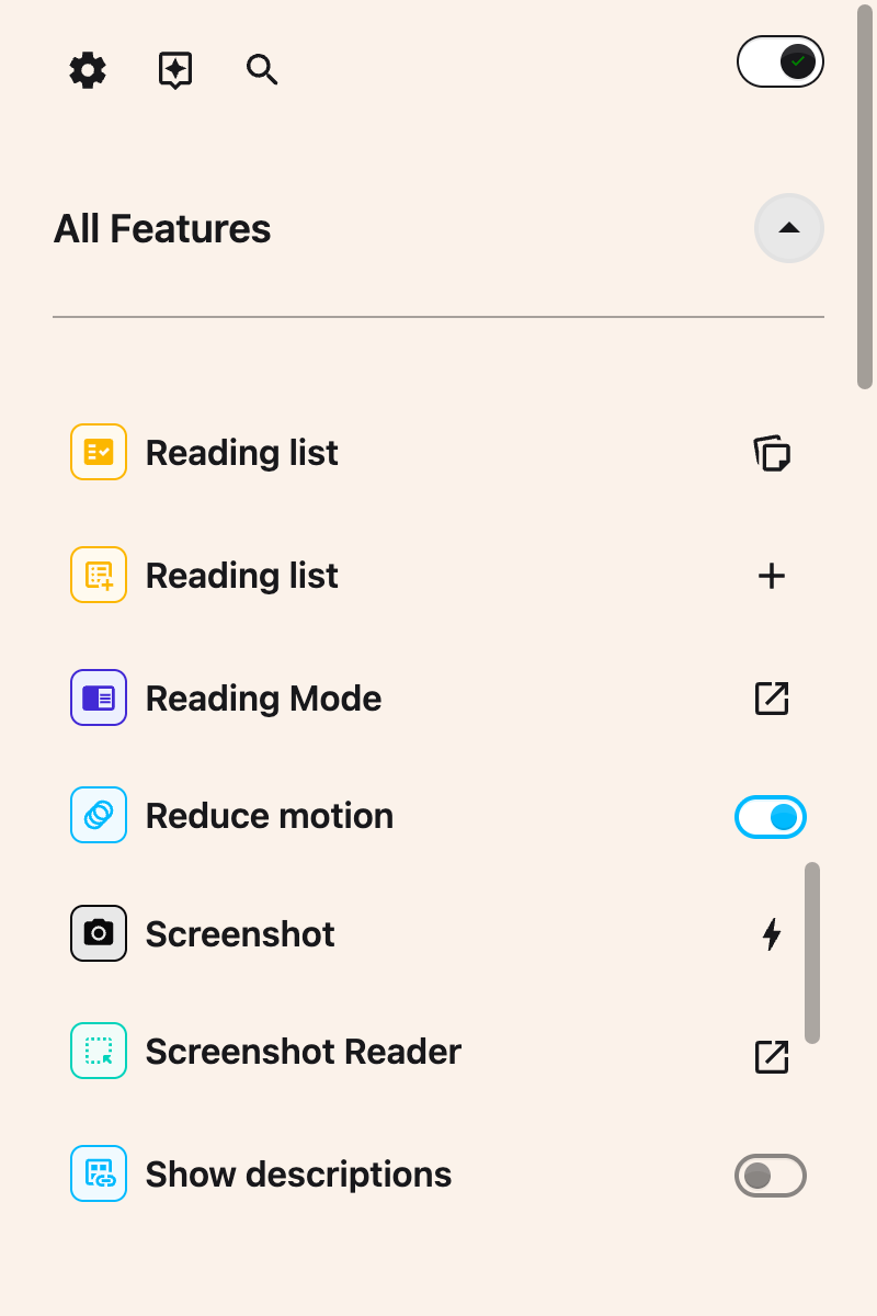 The Reduce motion toggle switched on in the All Features list