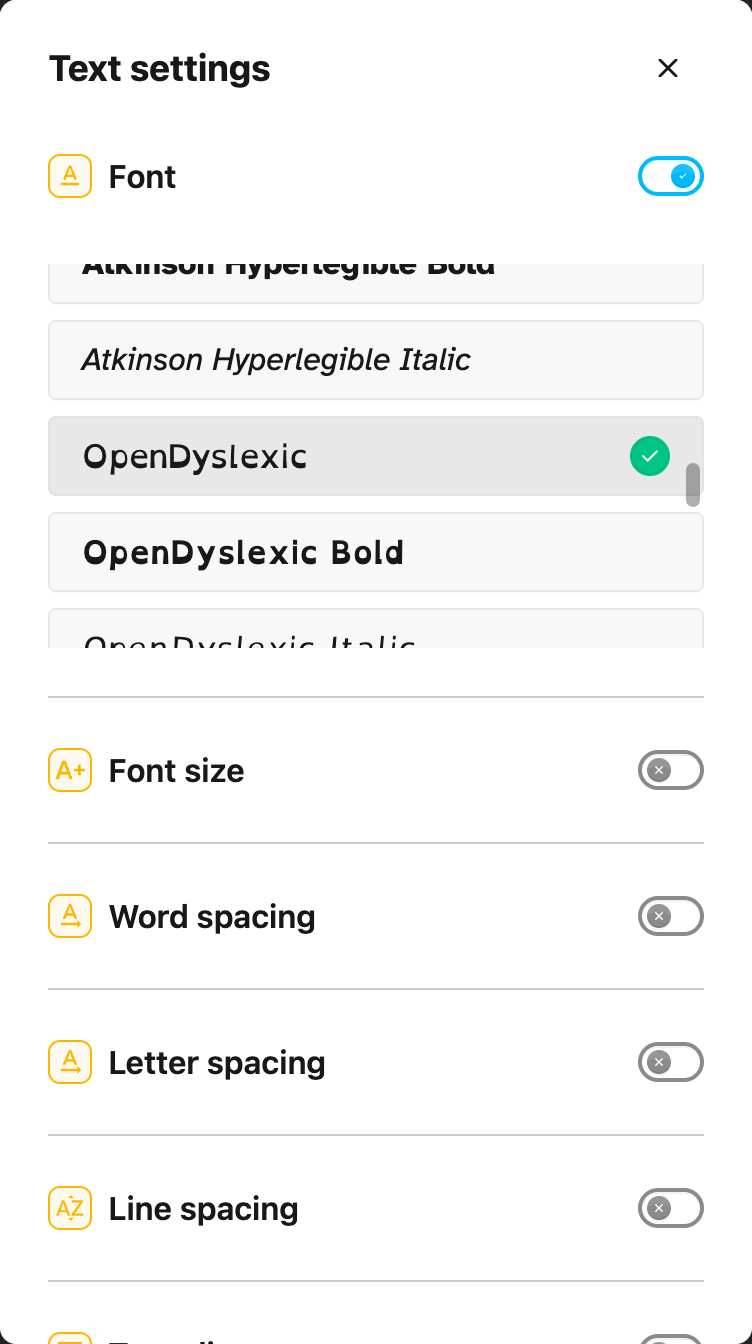 Text settings with Font enabled and the font choices visible