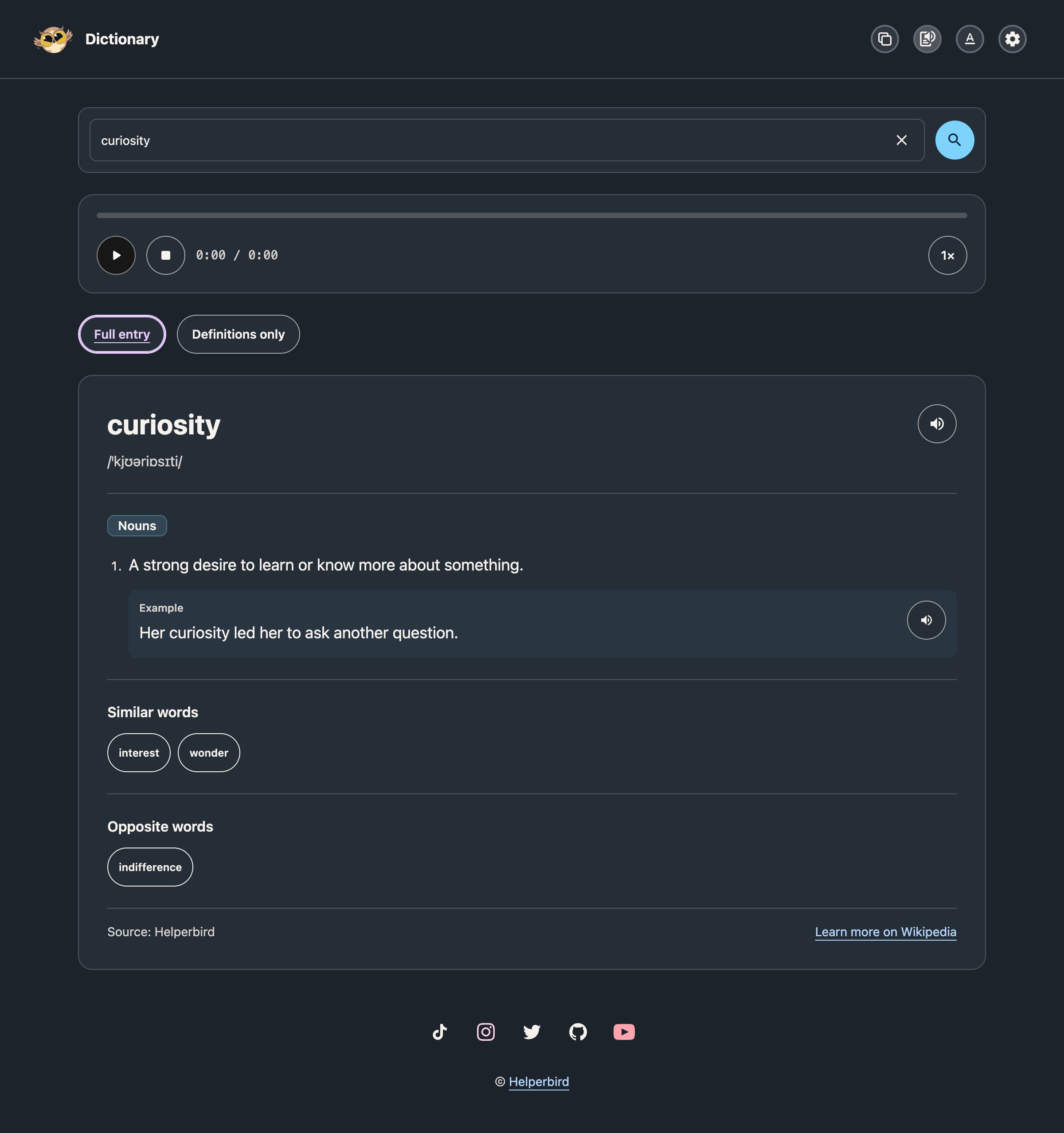 Dictionary in dark mode with its speech player and entry visible