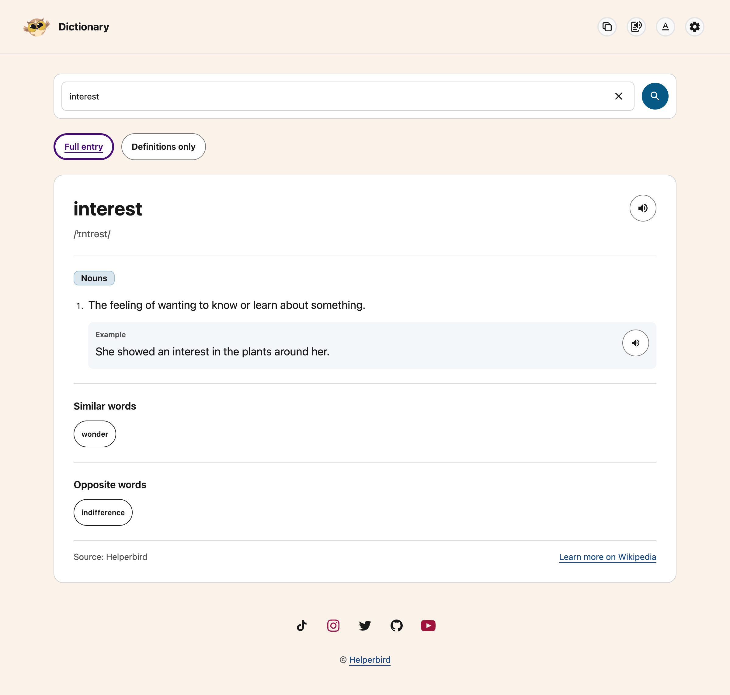 The Dictionary showing the completed lookup for interest after selecting a related word