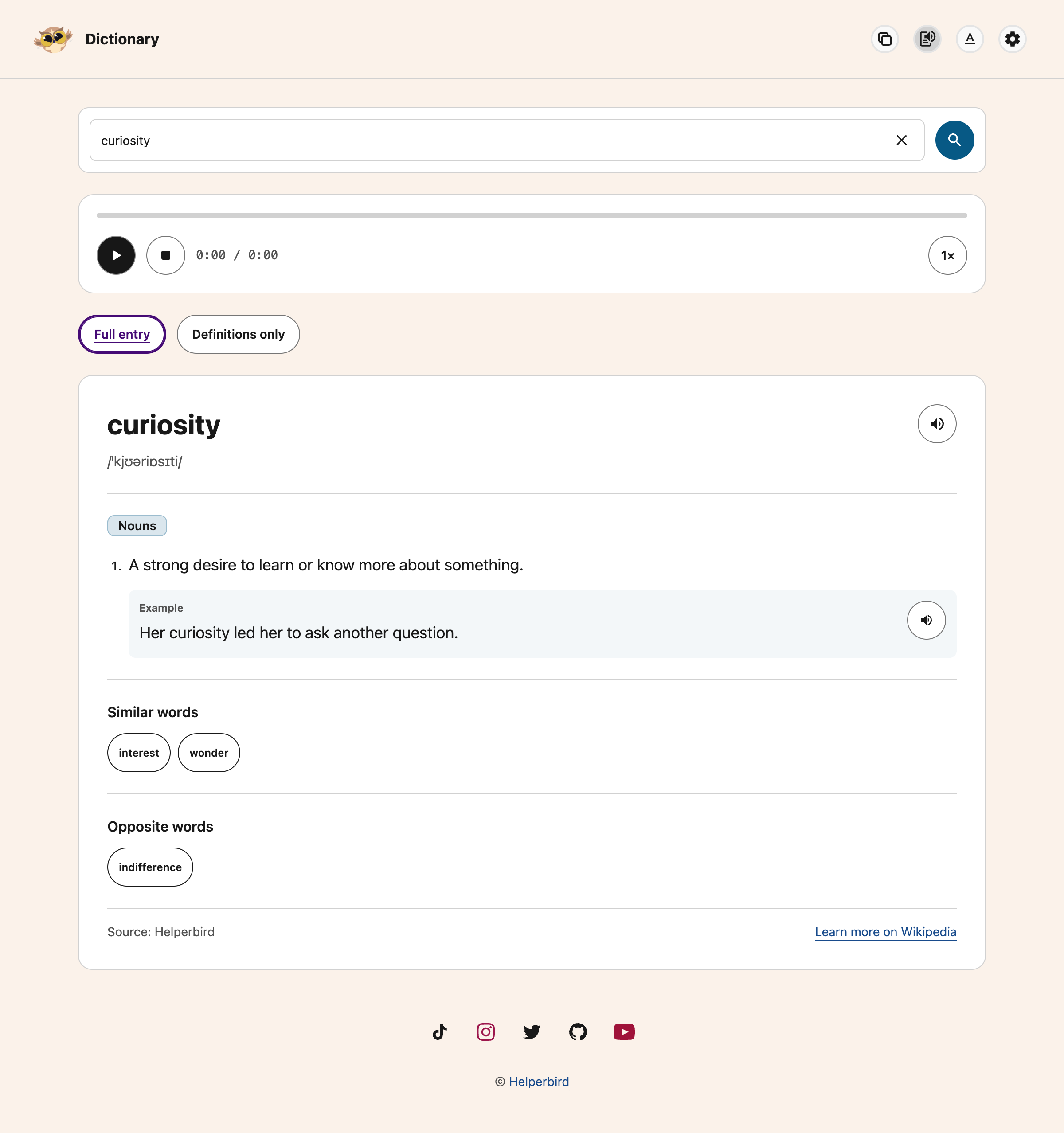 Dictionary with its shared speech player above the entry
