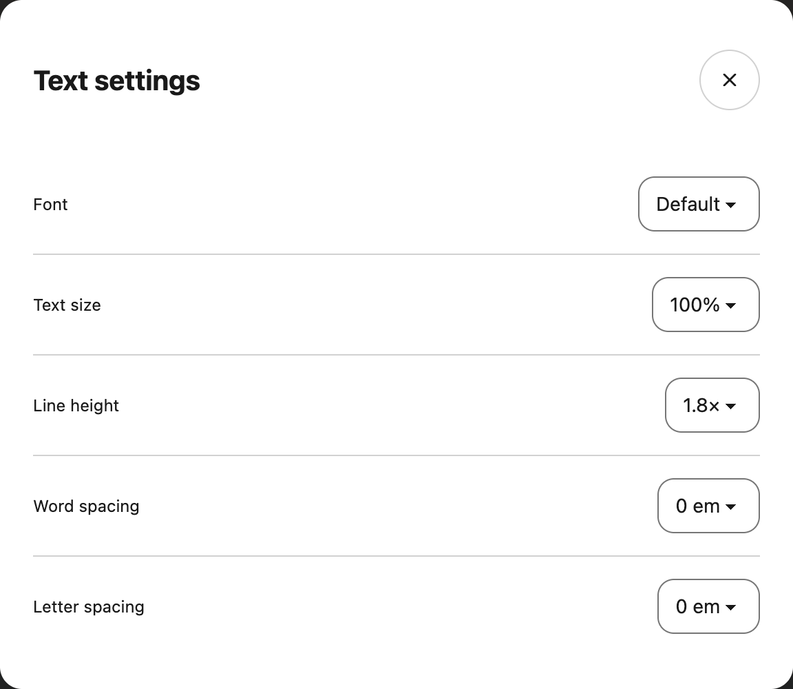 Dictionary Text settings with a font menu and separate size and spacing choices