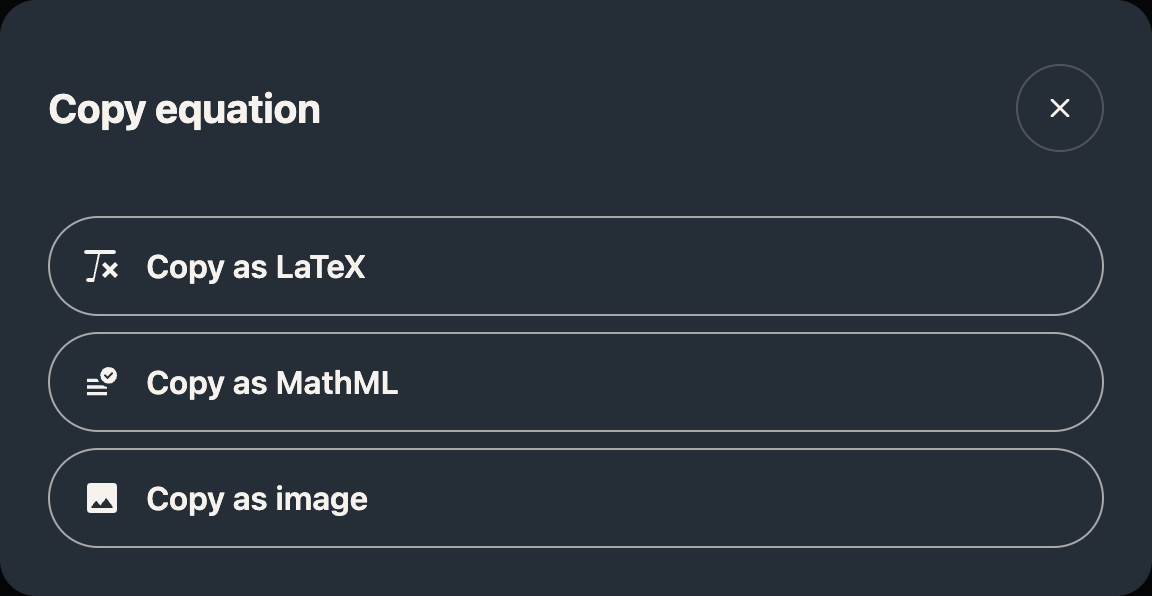 Copy equation dialog with LaTeX, MathML and image choices