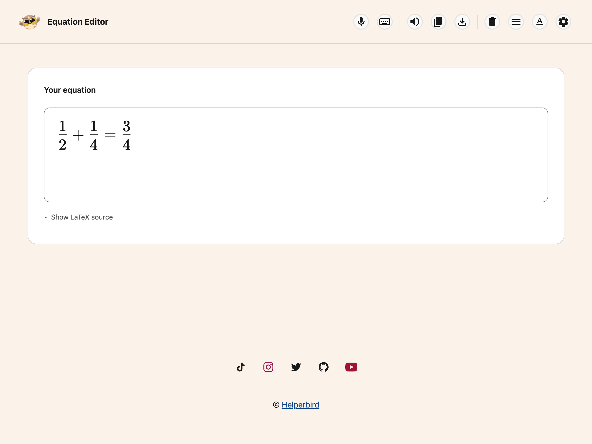 The Equation Editor displaying one half plus one quarter equals three quarters