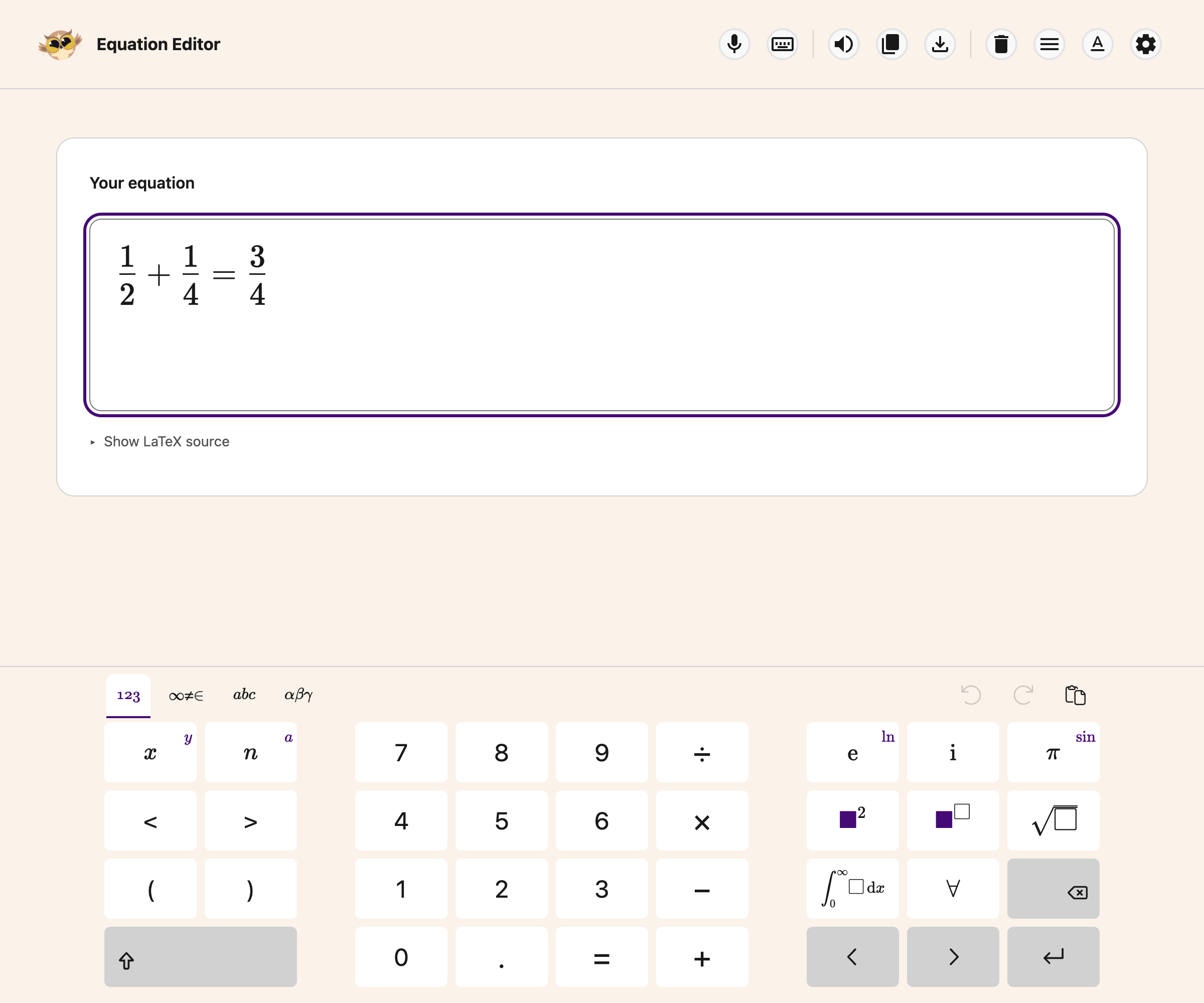 The fractions example and the math keyboard in the current Equation Editor