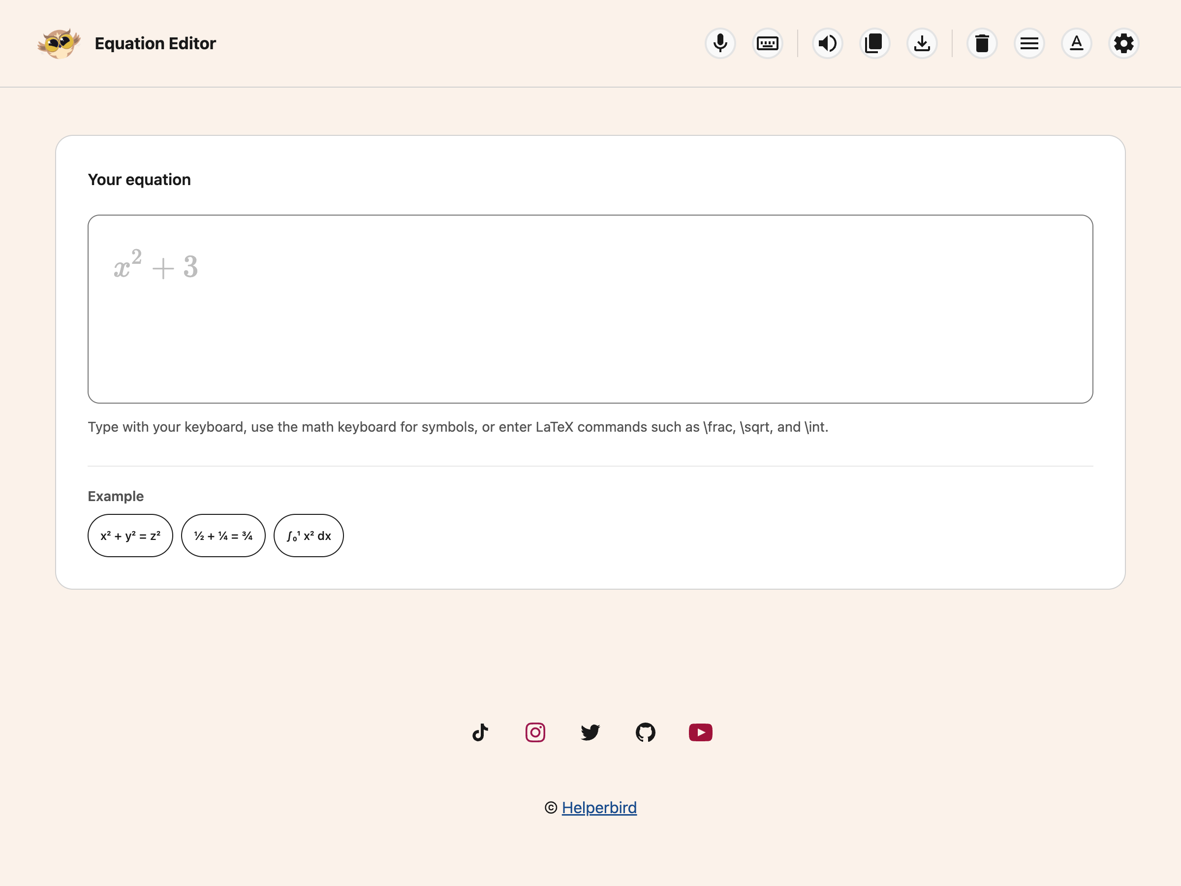 Equation Editor with an empty equation field and three examples
