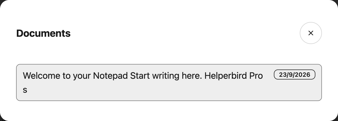 Documents dialog listing saved NotePad documents