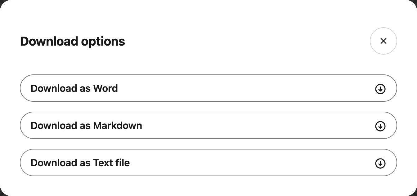 Download options for Word, Markdown and Text file