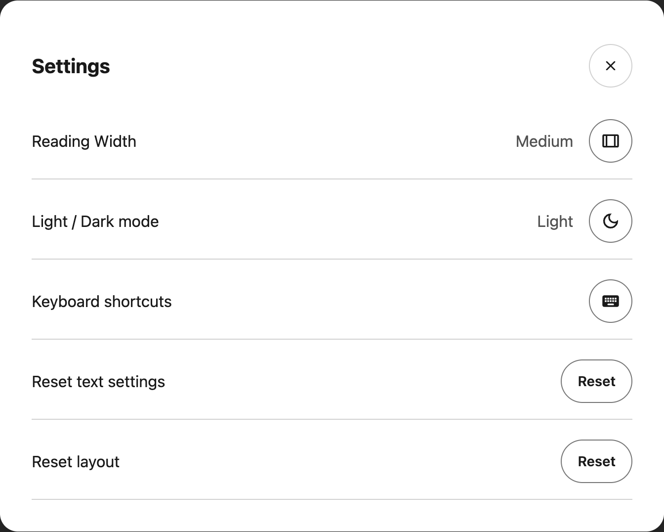 NotePad Settings with a Reset button beside each reset description