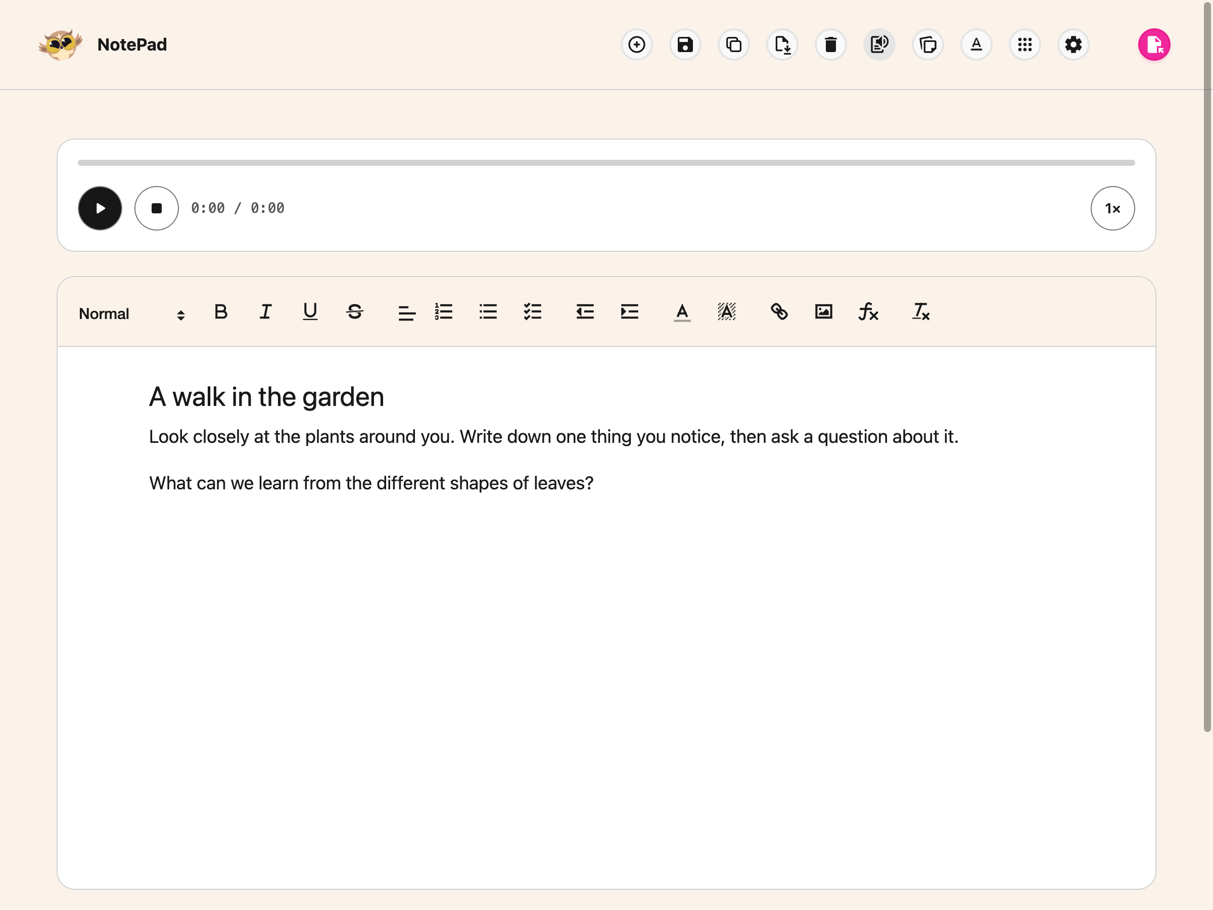NotePad with its compact Text to Speech player above a sample document