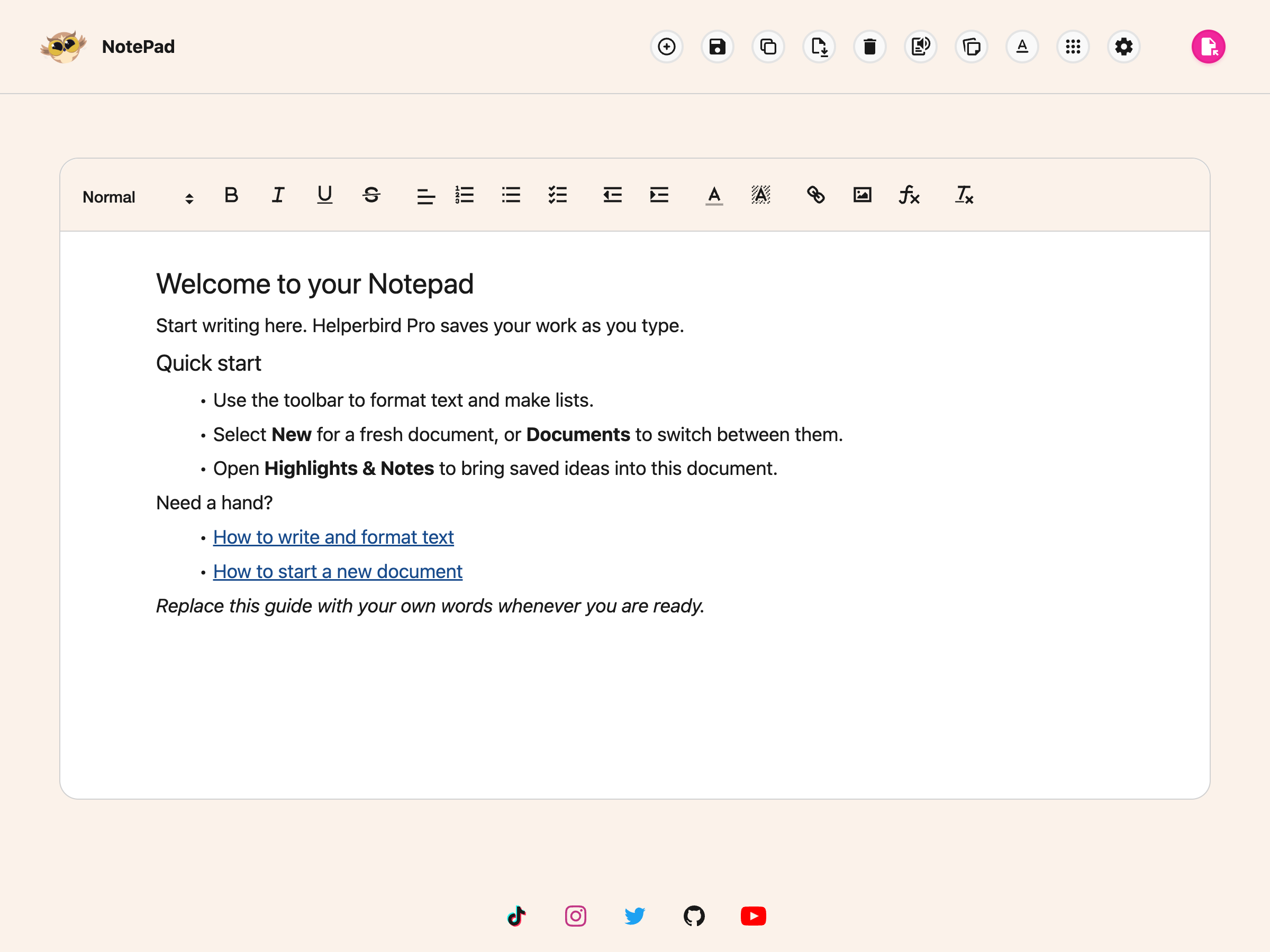 NotePad with the welcome document and current toolbar