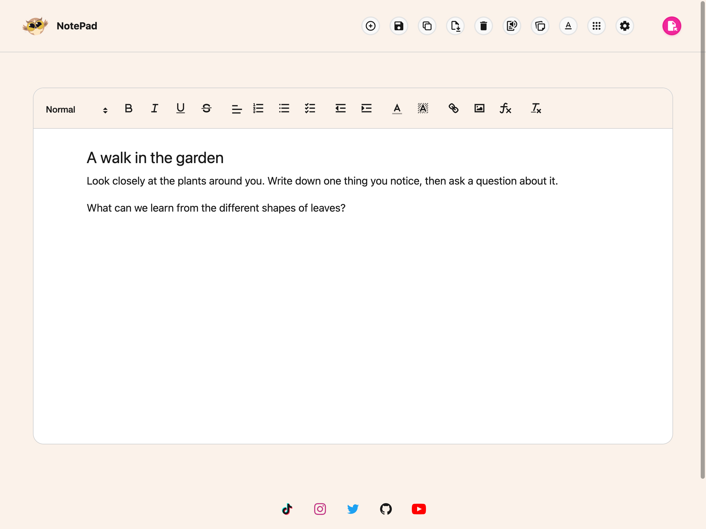 NotePad toolbar above a sample document