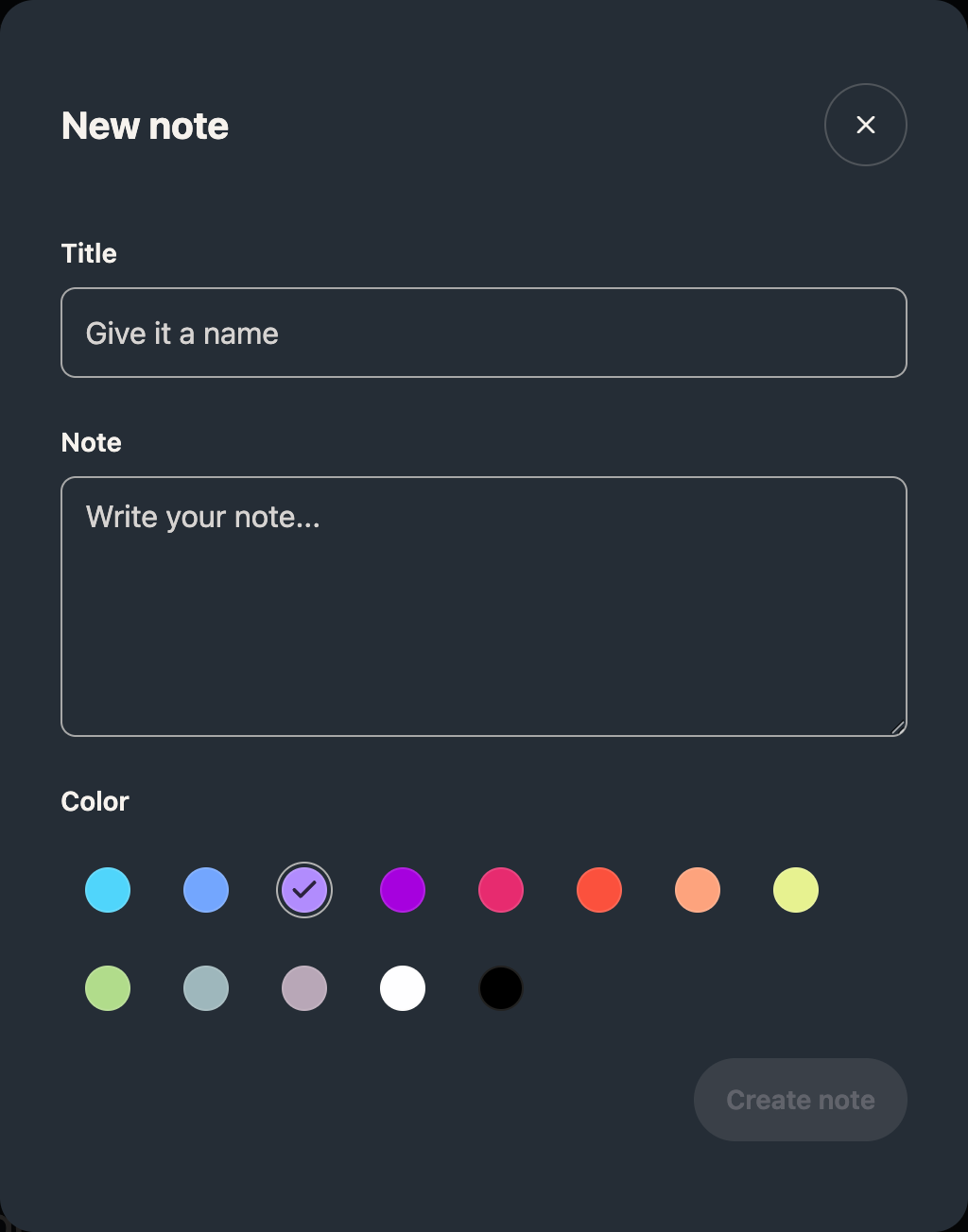 New note editor with Title, Note, Color and Create note