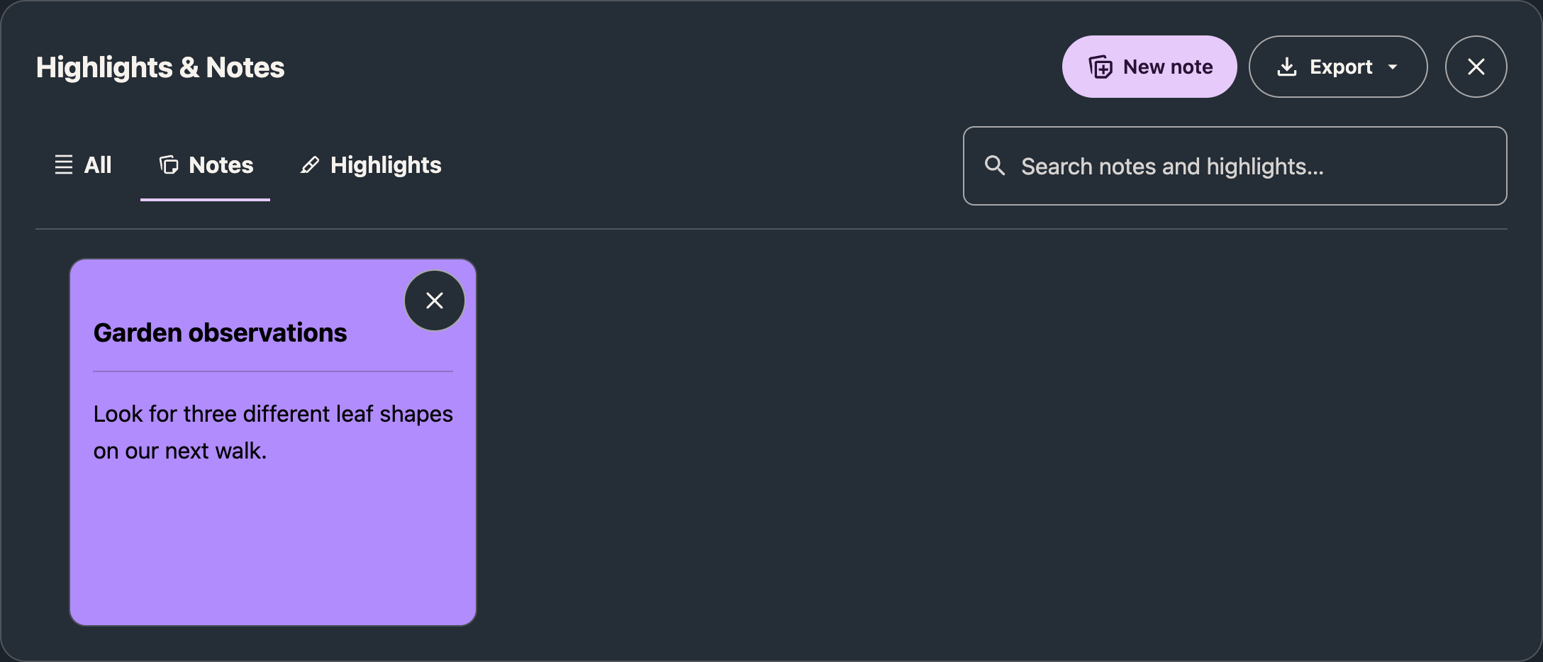 Highlights & Notes with a saved note and grouped library controls