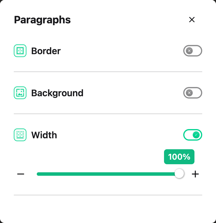 Paragraphs with the Width control enabled