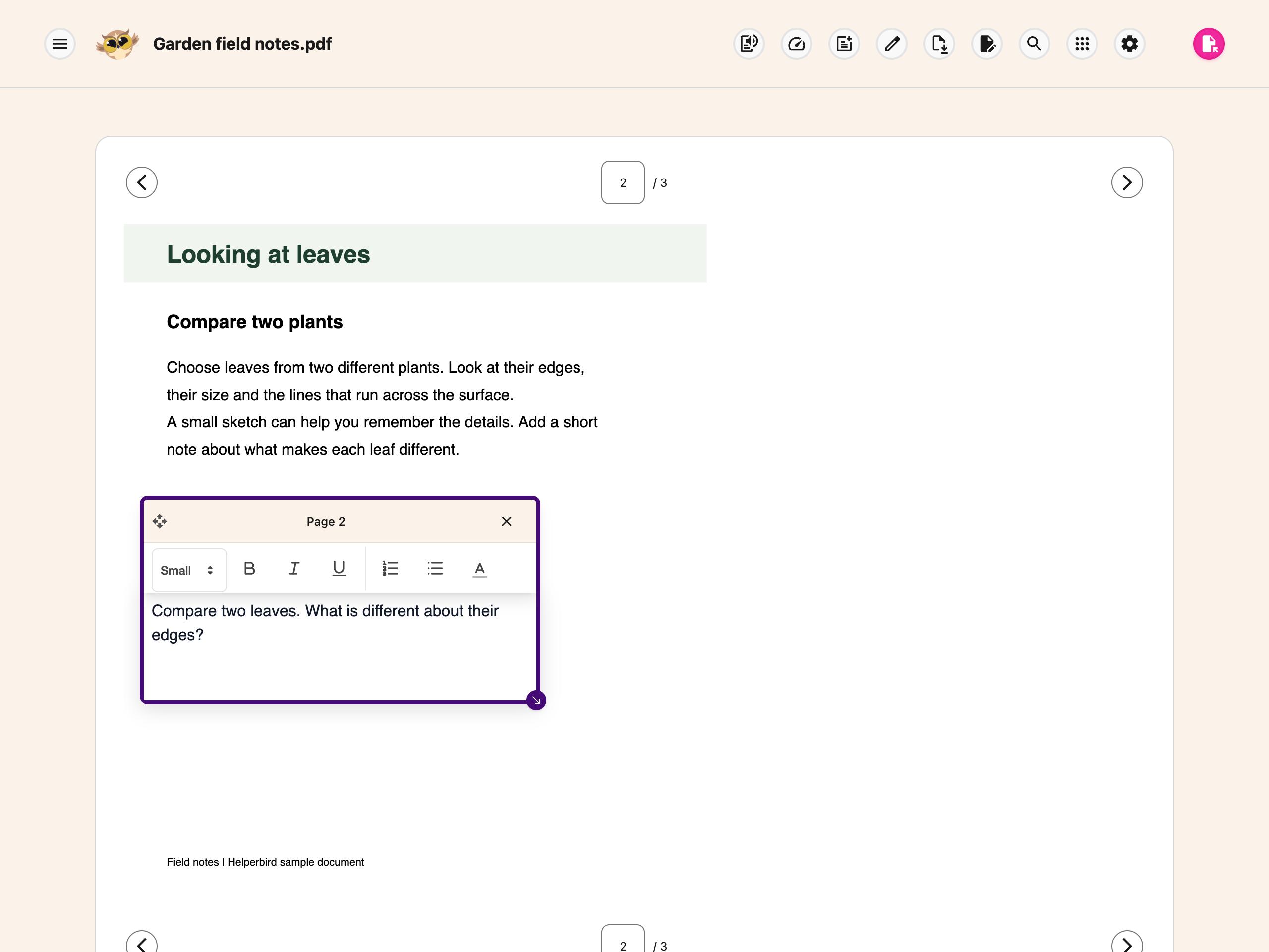 The text box on the PDF with its formatting toolbar
