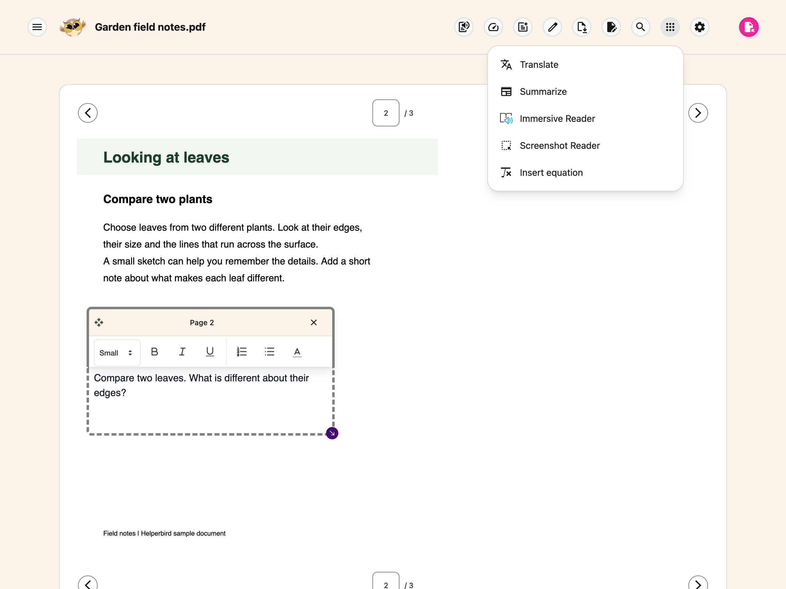 PDF Reader Tools menu with Translate, Summarize, Immersive Reader, Screenshot Reader and Insert equation