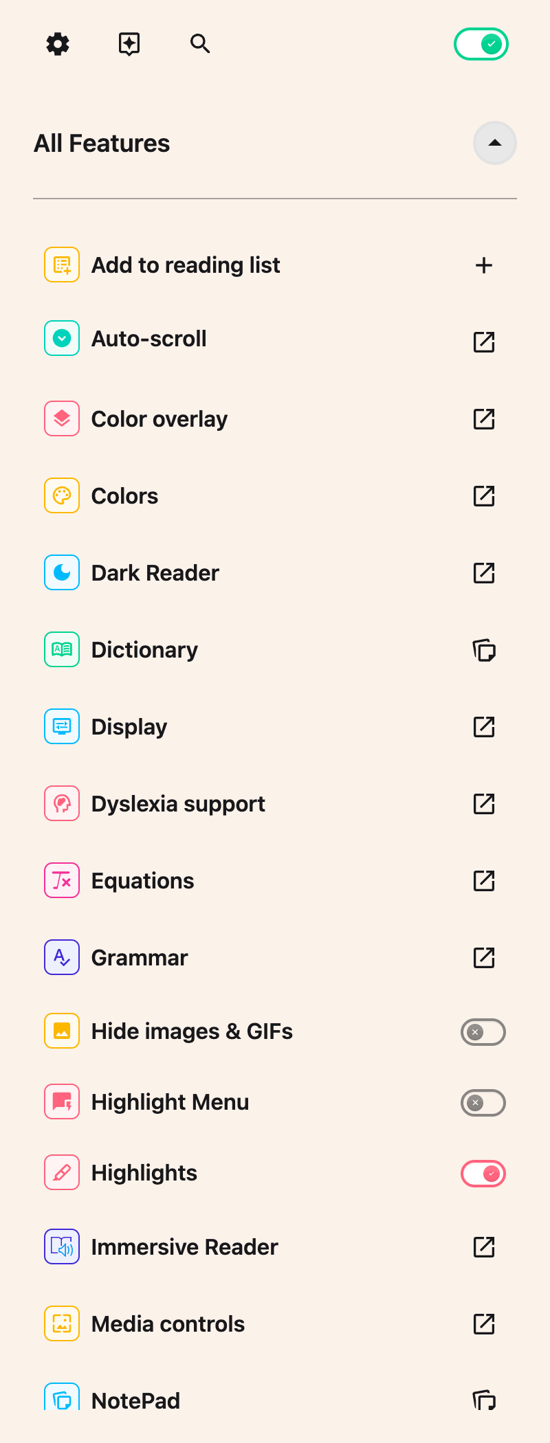 The All Features list in the Helperbird side panel