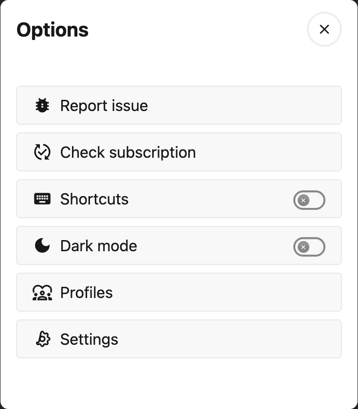 The Options dialog with the Settings link