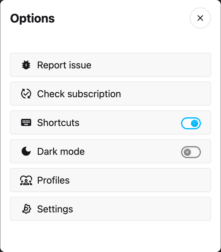 The Shortcuts switch turned on in Options