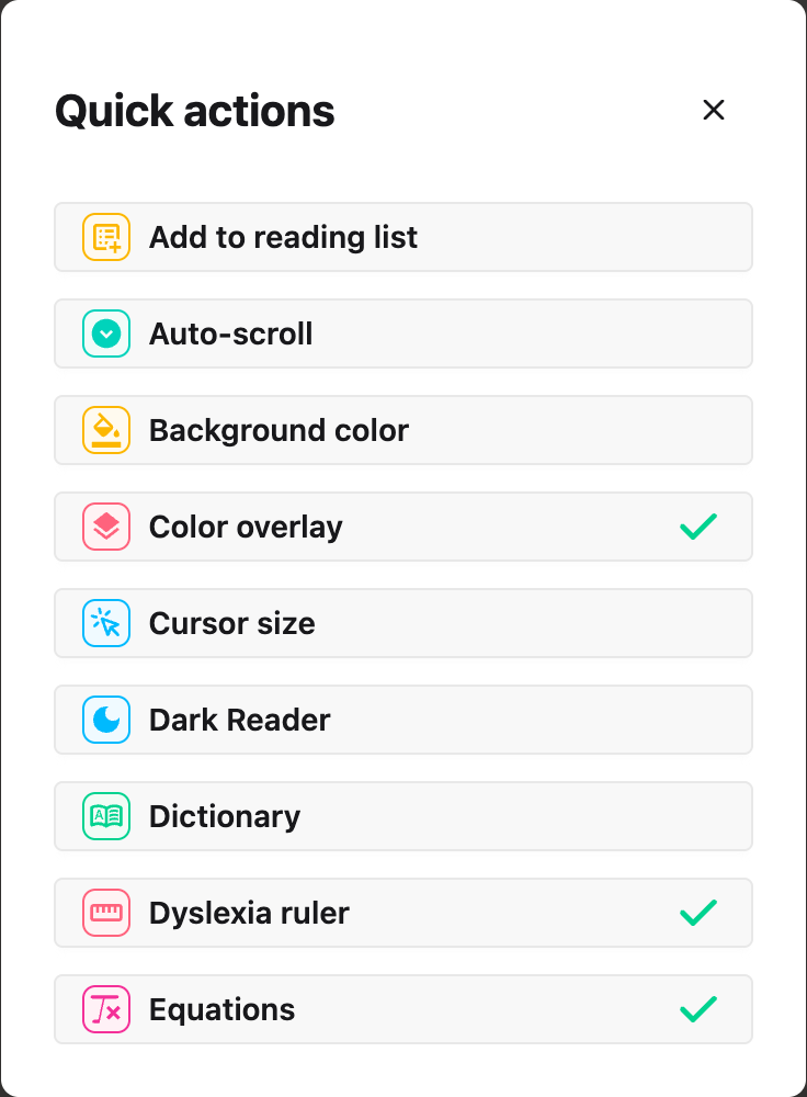 Quick actions with named feature rows and a check beside a selected shortcut