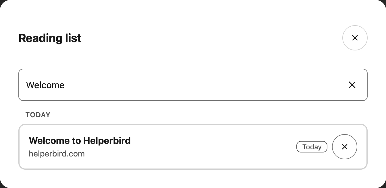 Reading list filtered to the Welcome to Helperbird page