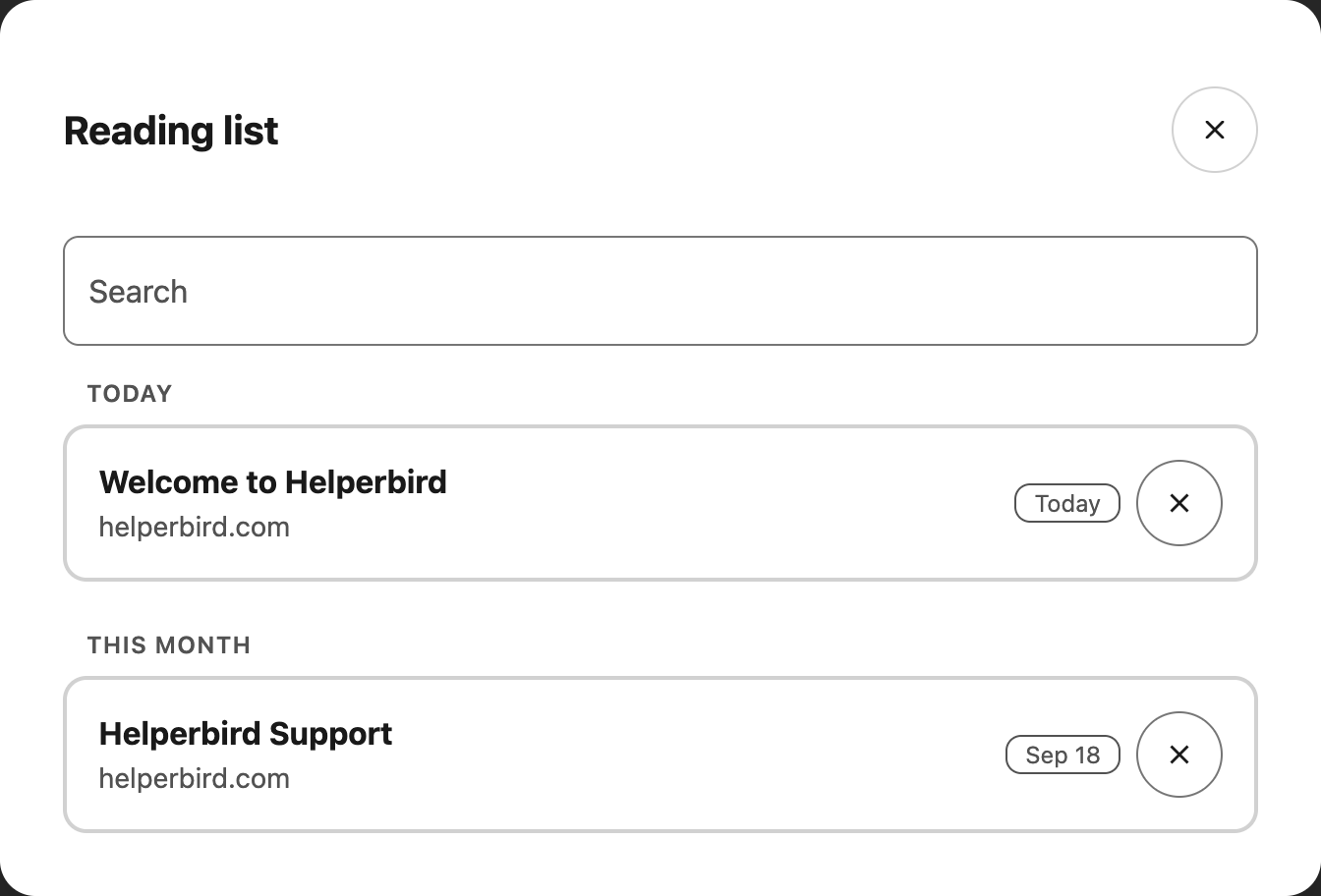 Reading list dialog with a search field and saved pages grouped by date