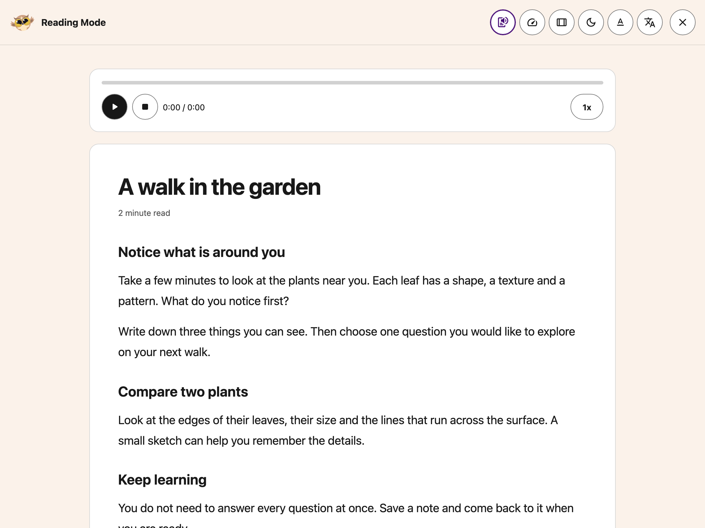 Reading Mode with its compact speech player above an article