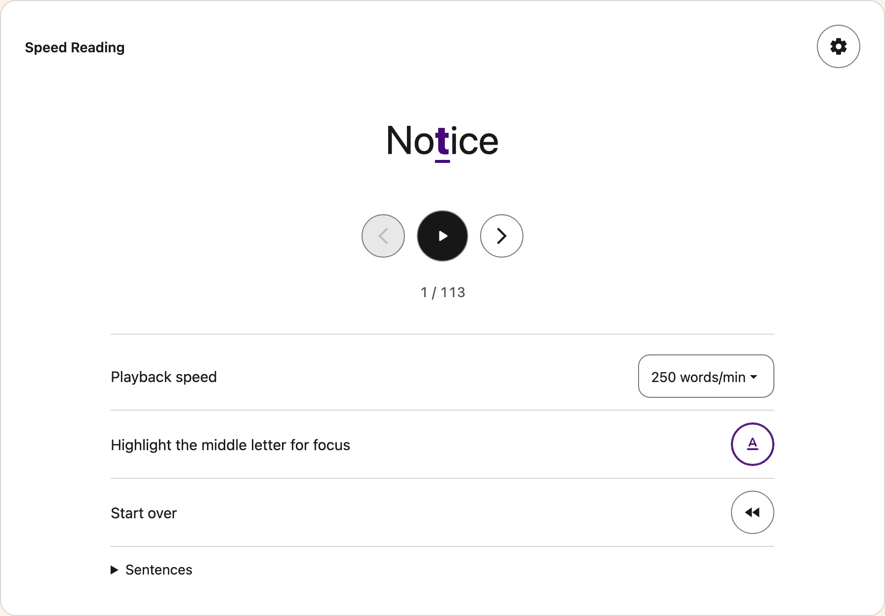 Reading Mode Speed Reading options with playback speed, a middle-letter highlight and Start over