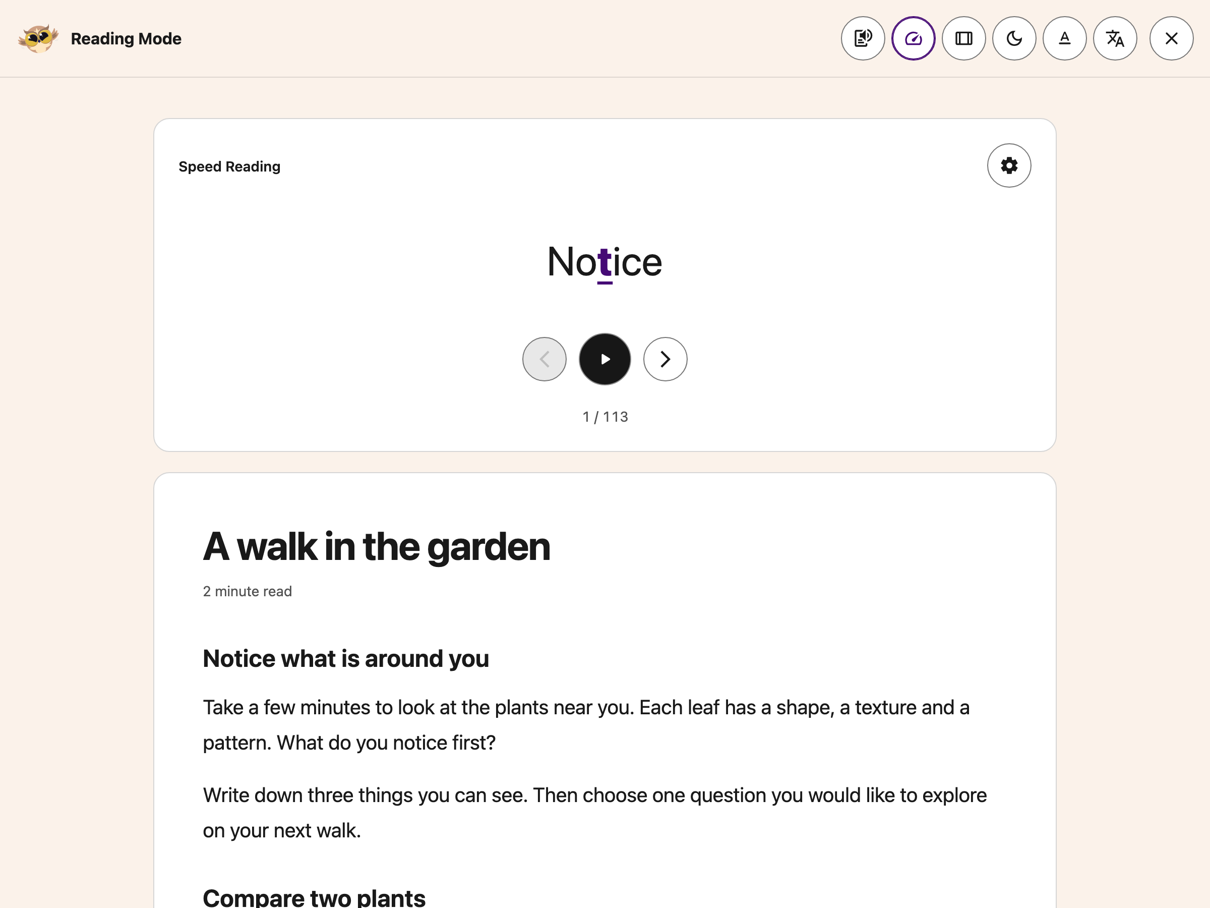 Speed Reading above an article, with a word, progress count and playback controls