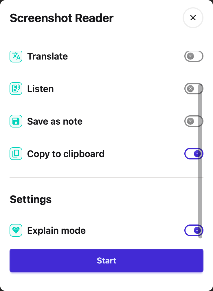 Screenshot Reader scrolled to Settings with Explain mode enabled