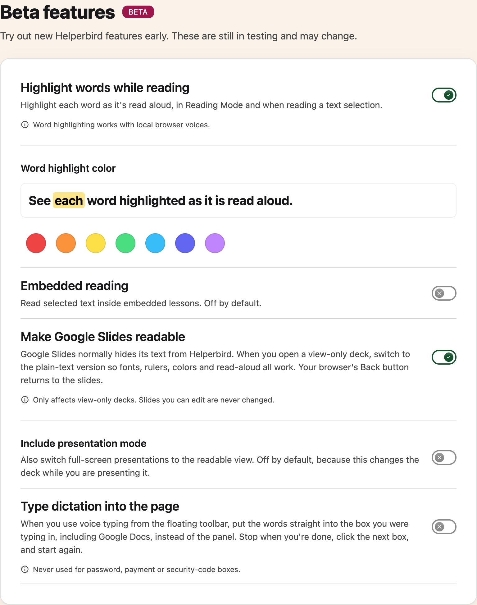 Beta features with descriptions of word highlighting, embedded reading, readable Slides and direct dictation