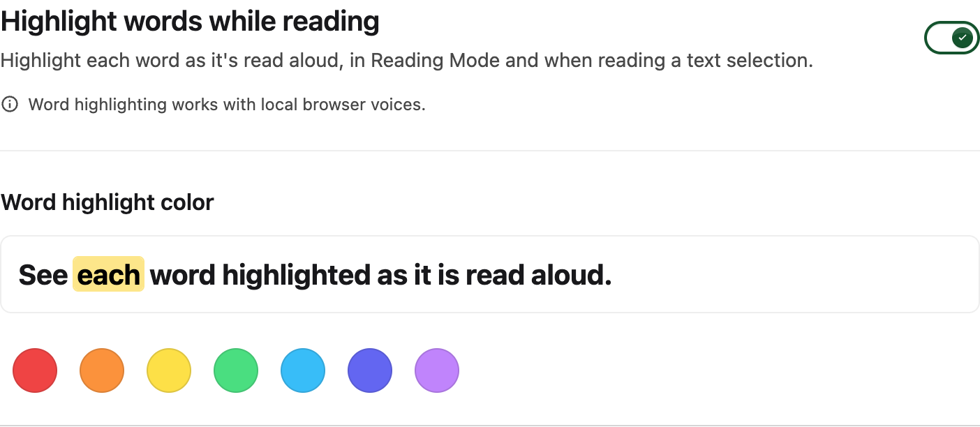 Word highlighting preference with a color preview and local-voice note